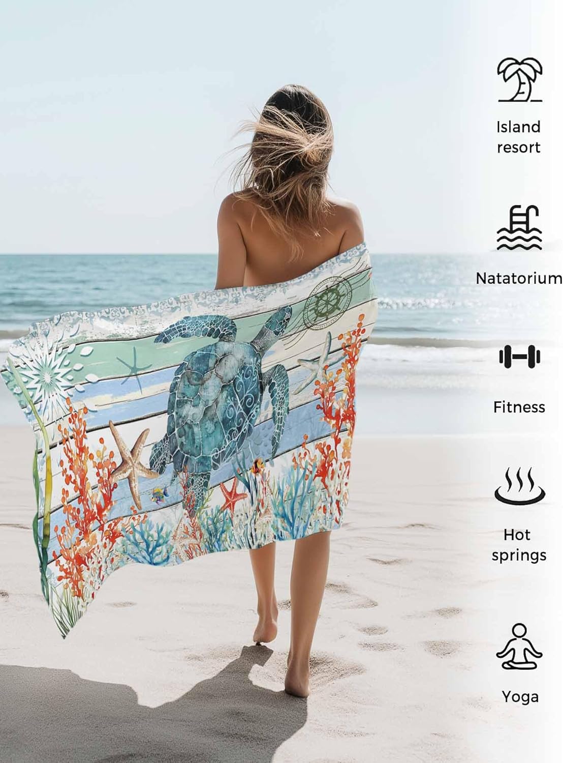 Beach Towel Ocean Turtle on Wood Board Microfiber Sand Free Towel, Marine Life Starfish Soft Absorbent Quick Dry Travel Towels for Women Men Swimming Pool Bathroom Vacation 35x71IN