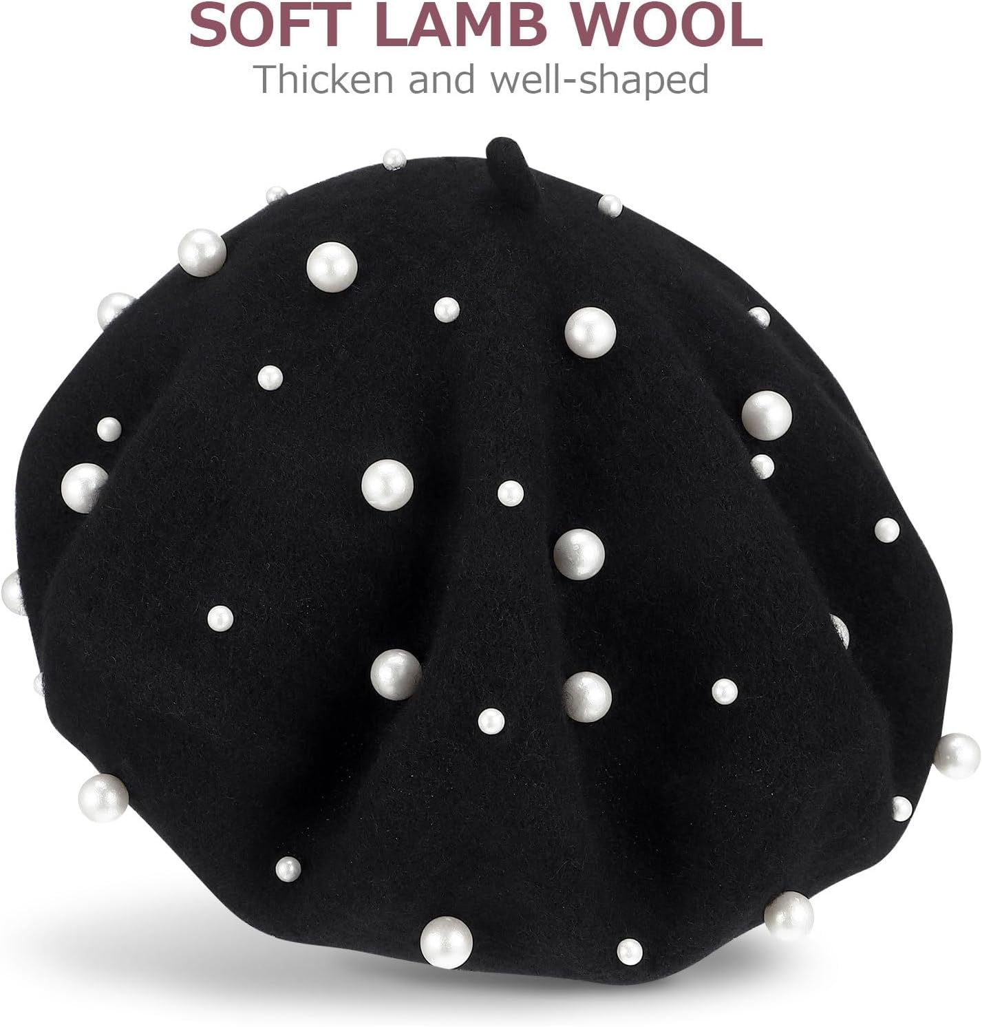 Women's Pearl Beret Autumn Winter Luxury Heavy Work Hats Beaded Pearl Rivet Wool Beret Free Size (Black)