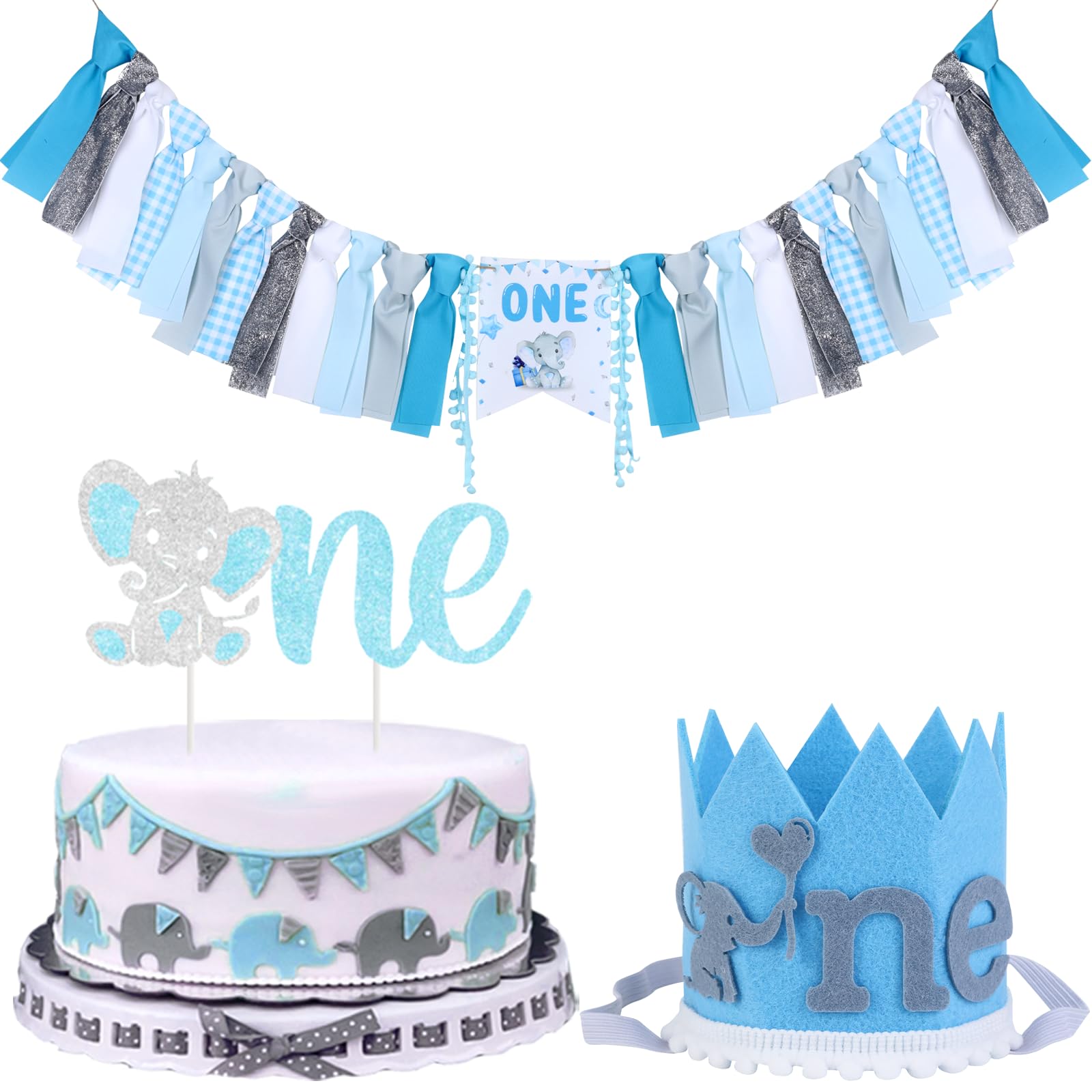 Cheerupp Elephant 1st Birthday Decorations for Boys, Elephant High Chair Banner Cake Topper and Birthday Hat Crown for Little Peanut Animal Themed First Bday Party Supplies