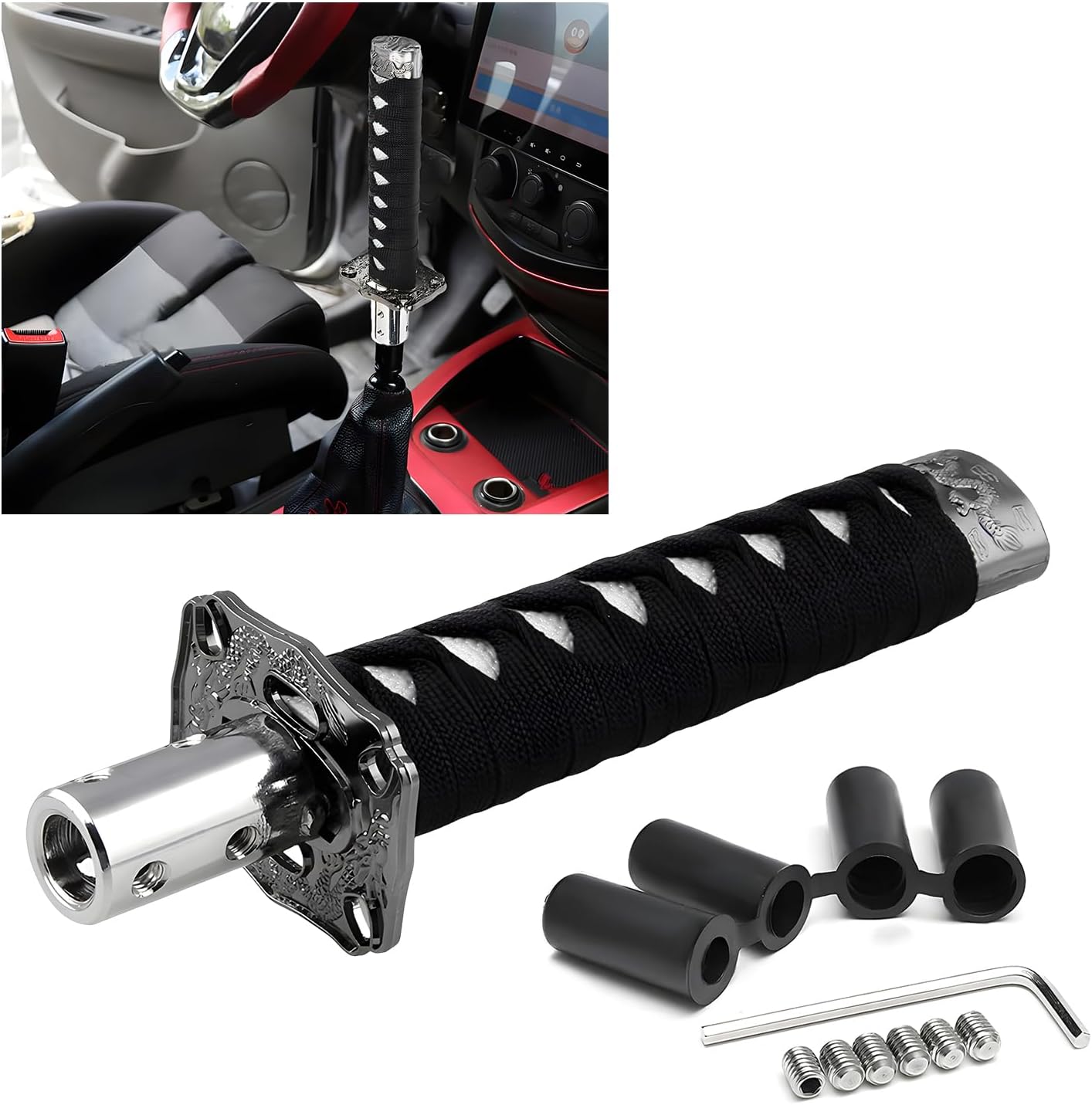 KVAEY Samurai Sword Shift Knob - Aluminum Alloy Katana Gear Shifter Handle, Universal Fit for Manual Transmission Cars & Trucks (Black+White)