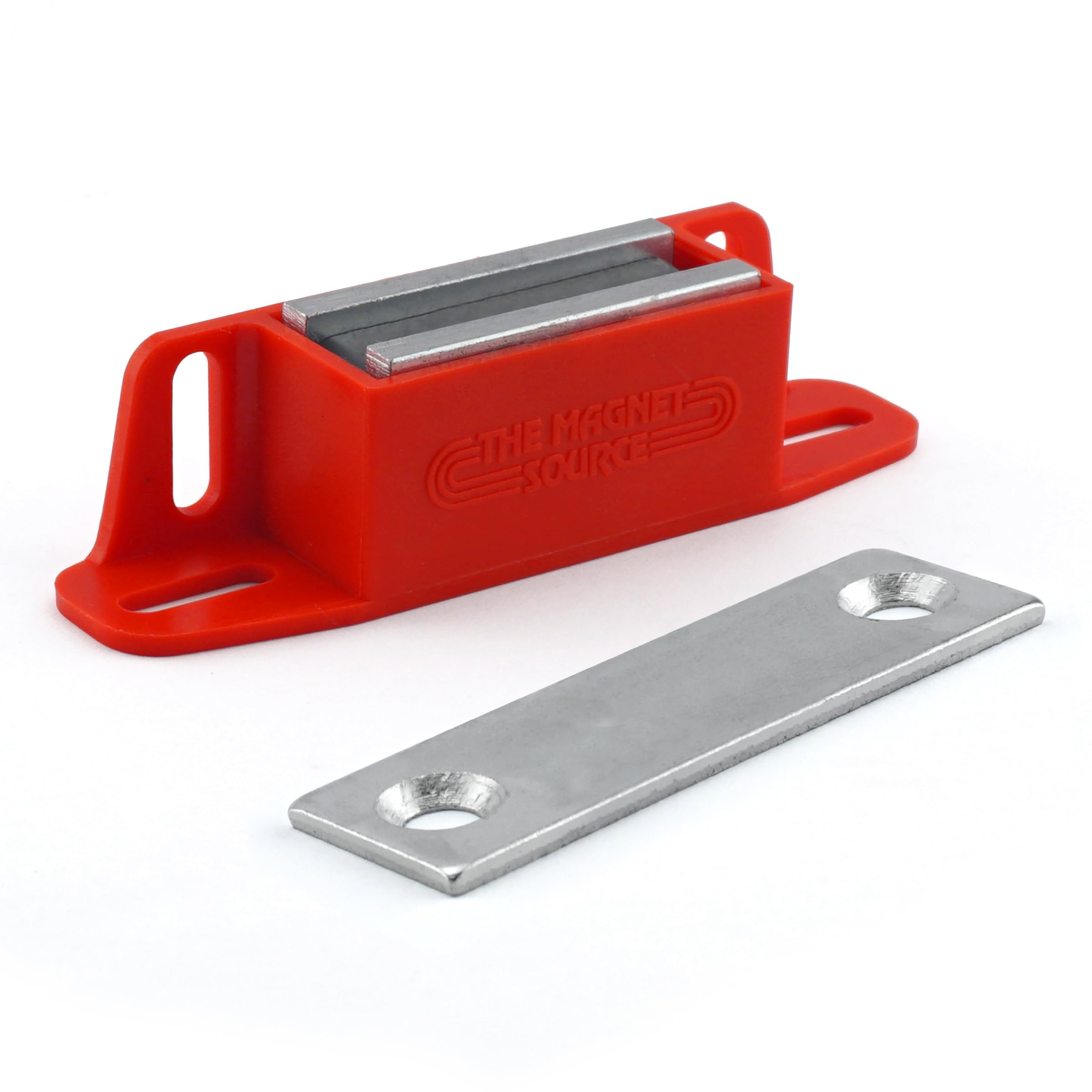 Ceramic Universal Magnet Latch with Strike-Plate - Strong Heavy-Duty Magnets for Cabinet Doors - 2-Way Mounting - 50 lb Pull Each - 4.25" L x 0.938" W x 1.125" H - Red - 2-Pack