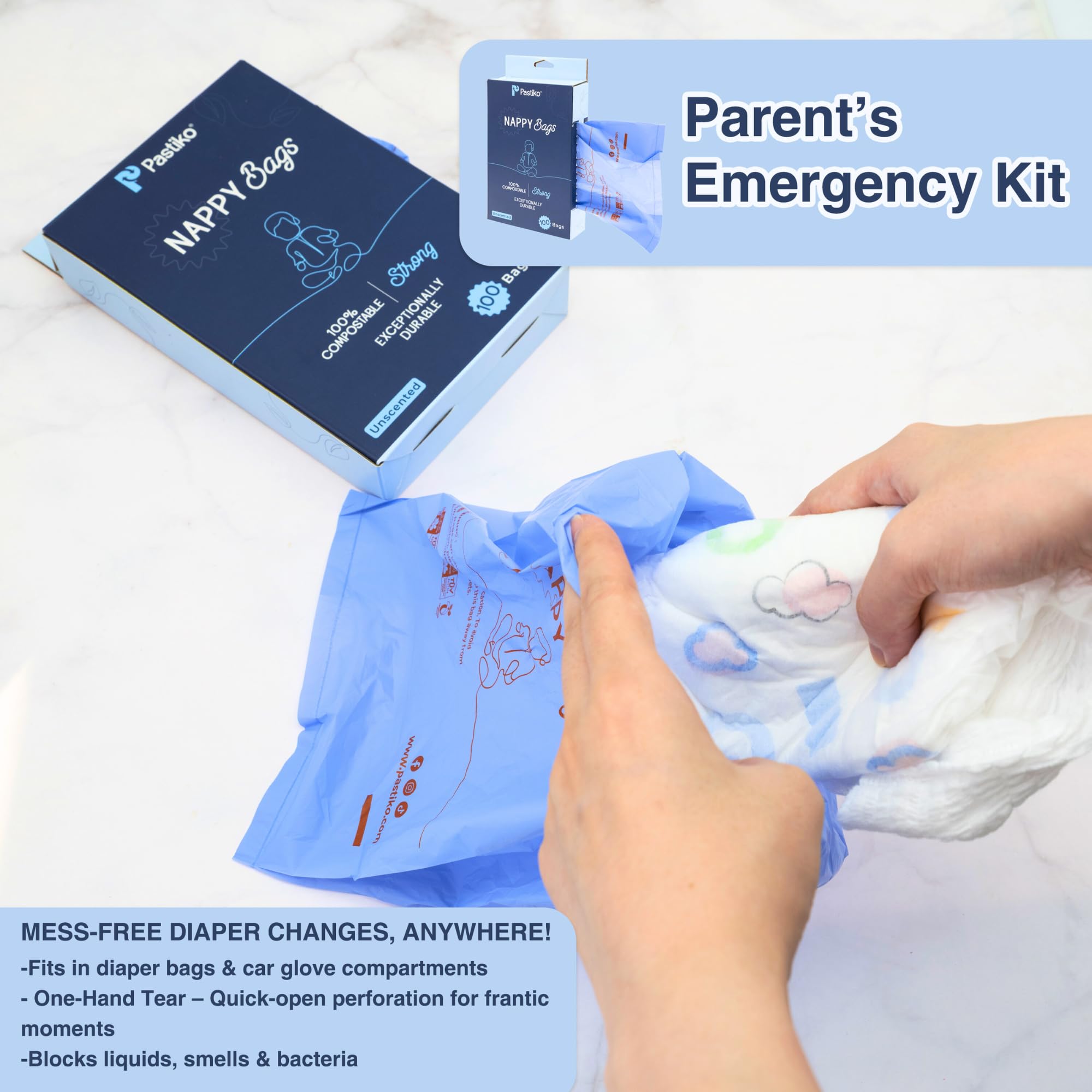 Pastiko Compostable Nappy Bags, Blue, 1 count (Pack of 100) - Image 3