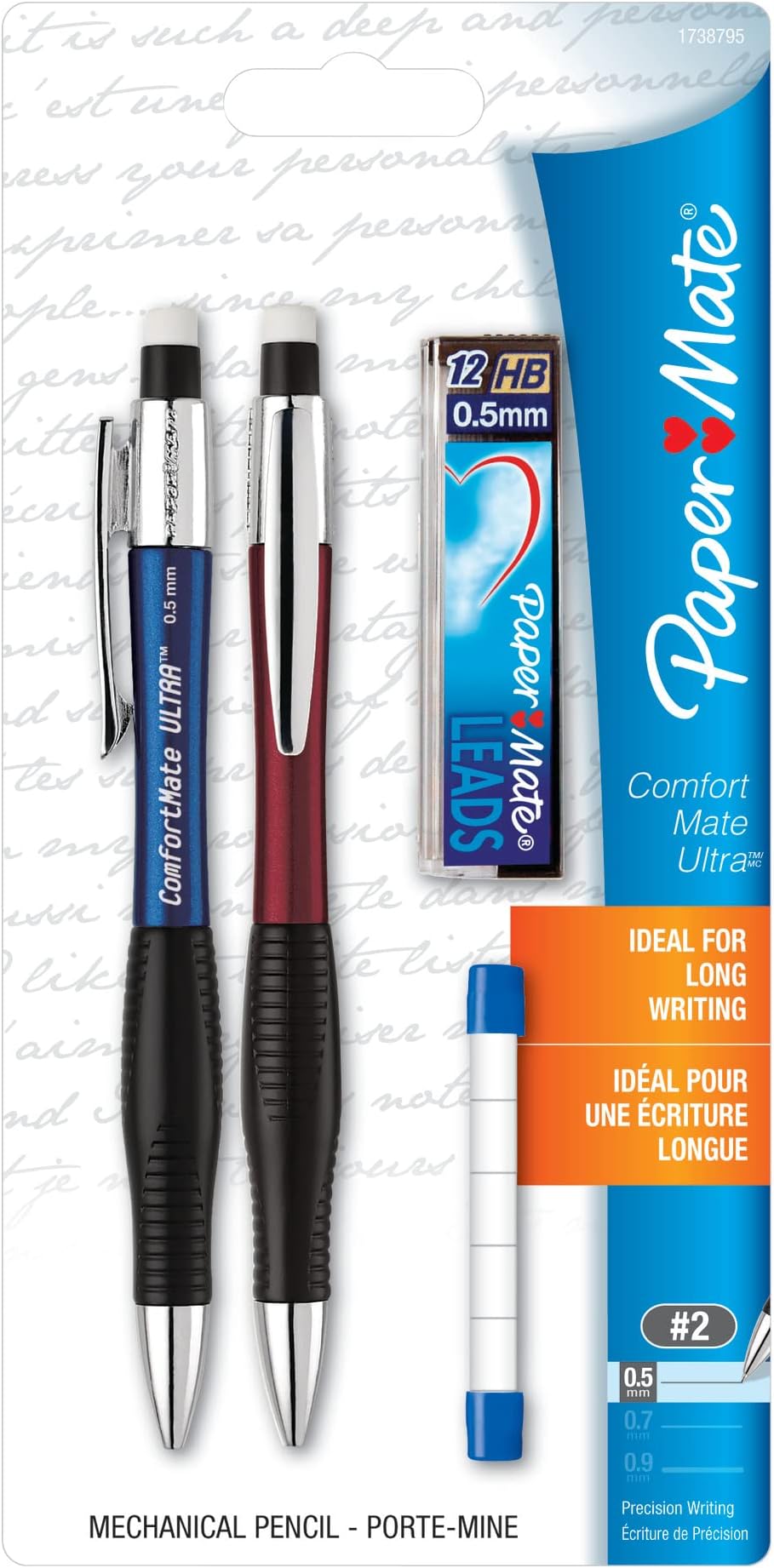 ComfortMate Ultra Mechanical Pencil Starter Set, HB Lead, 0.5 mm, Assorted Barrel Colors, Pack of 2 Pencils2
