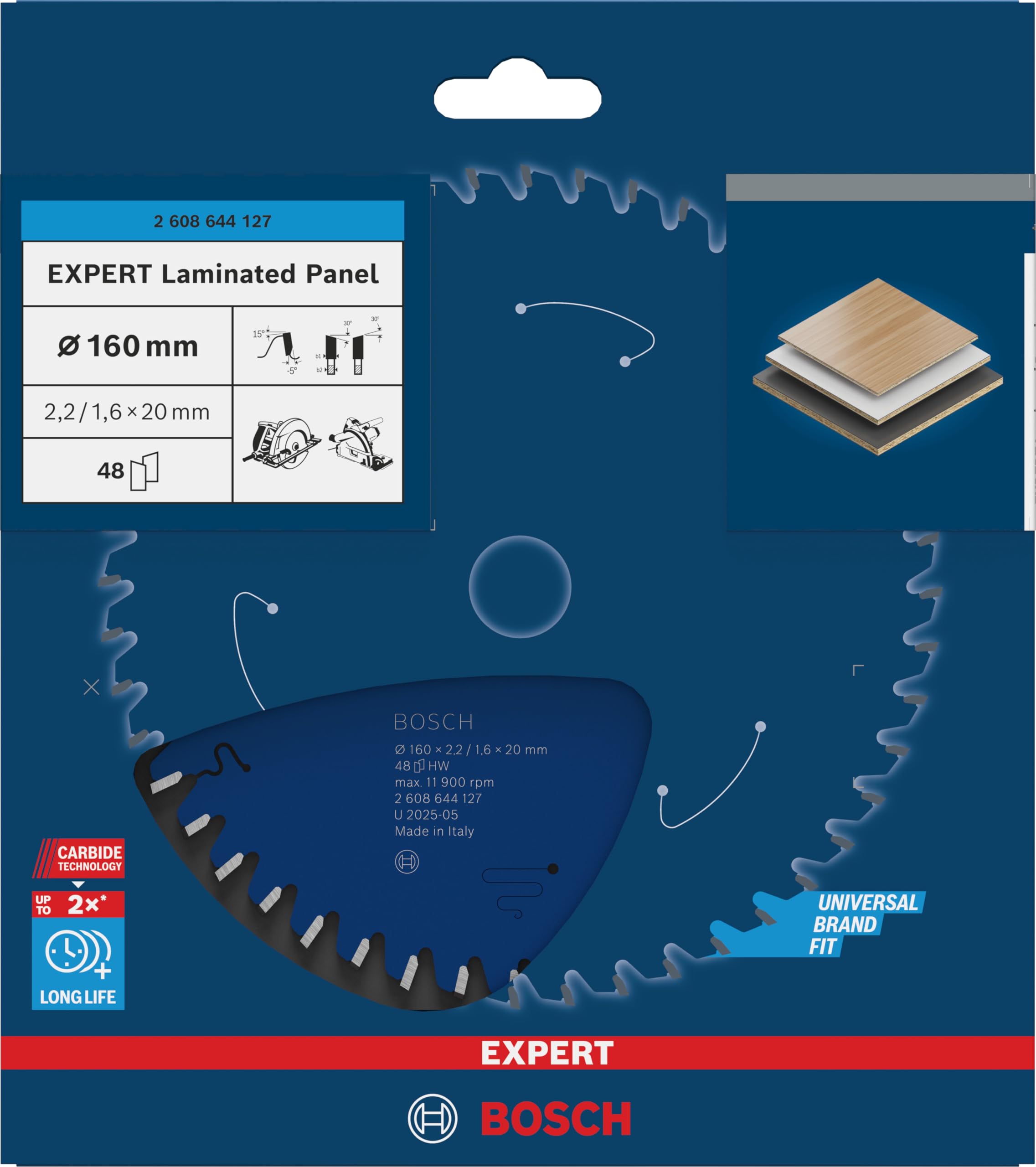 Bosch Lama per seghe circolari, per pannello laminato: 160 x 20 x 2,2 mm, 48 denti, blu