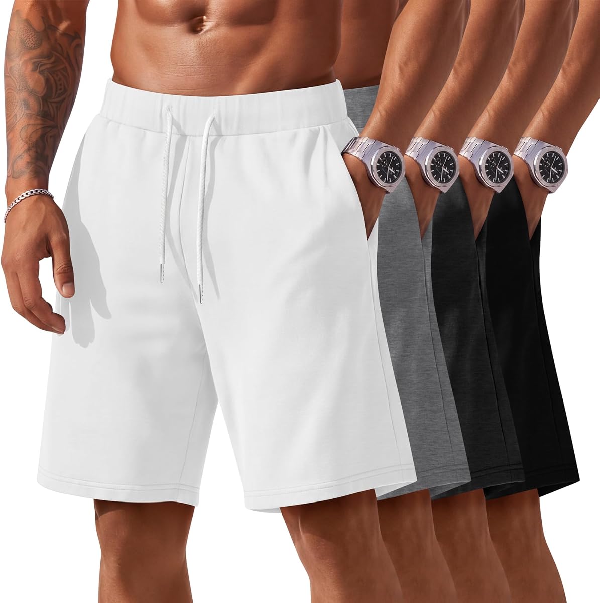 Ficerd Paquete de 4 pantalones cortos deportivos para hombre con bolsillos | Hasta la rodilla, 9 pulgadas, cordón, pierna ancha, pantalones cortos deportivos con bolsillos, entrenamiento, baloncesto, correr, gimnasio, ropa deportiva
