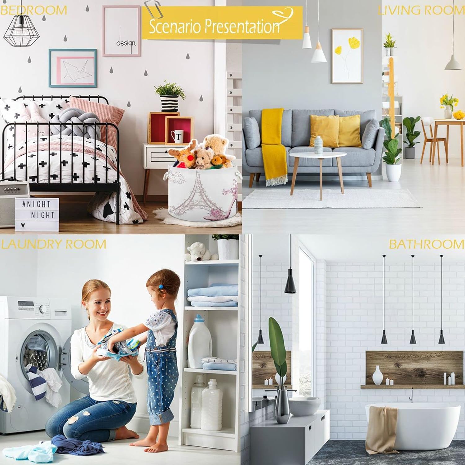 visesunny Eiffel Tower Fashion Paris Floral Collapsible Large Capacity Basket Storage Bin with Durable Cotton Handles, Home Organizer Solution for Office, Bedroom, Closet, Toys, Laundry