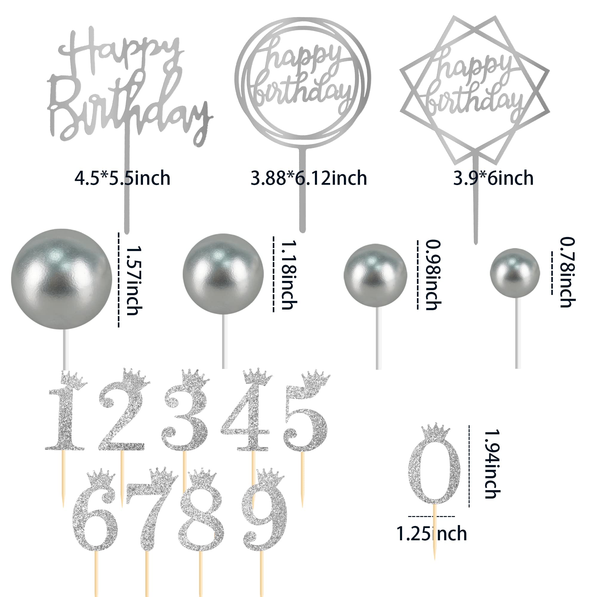 Buy 25 PCS Silver Ball Cake Topper Set, Acrylic Happy Birthday Cake