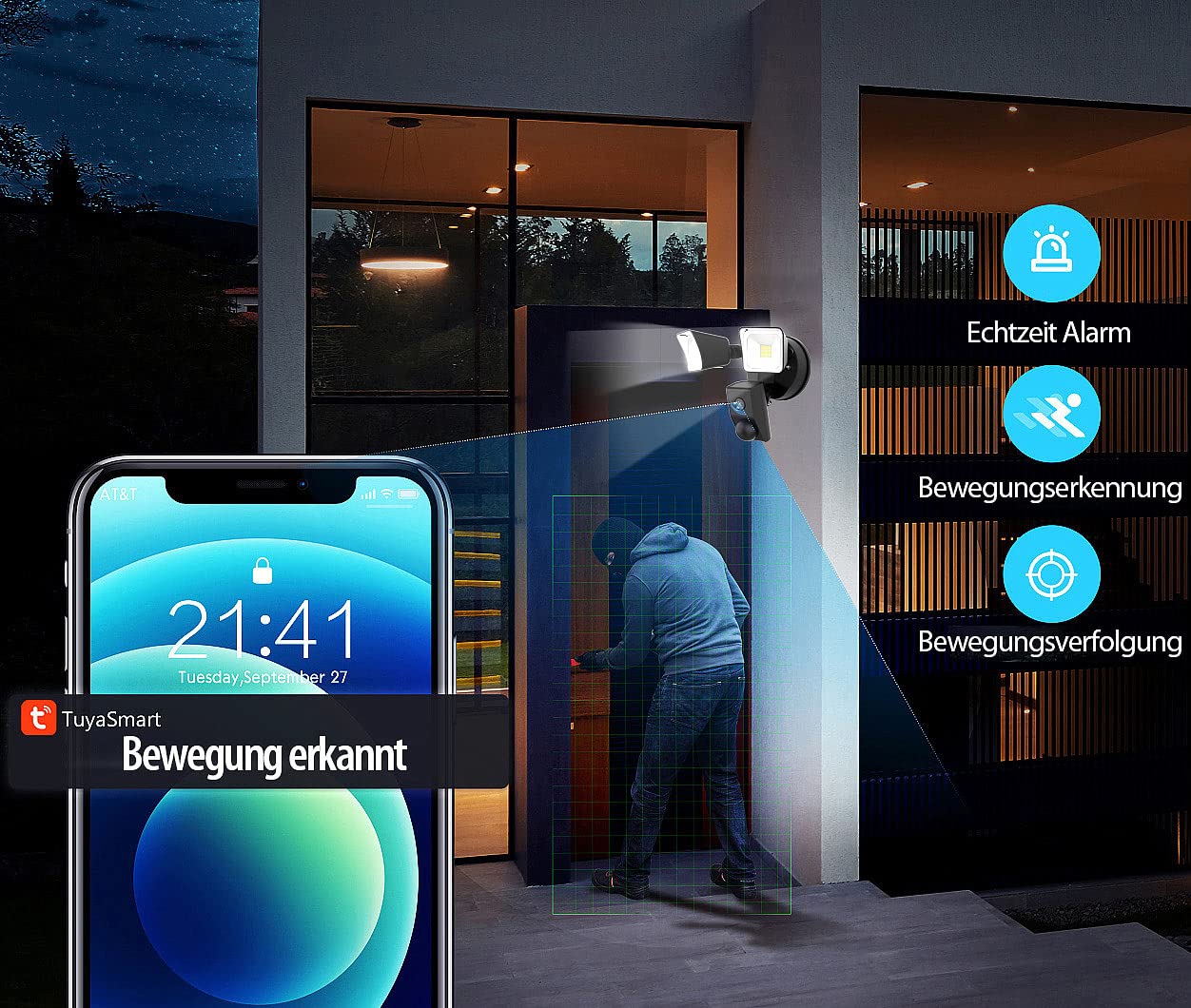 VisorTech Fluter: 2K-Kamera mit 2 LED-Strahlern, 2.400lm, Sirene, Nachtsicht, WLAN, App (Flutlicht mit Kamera, Outdoor Überwachungskamera WLAN, IP)