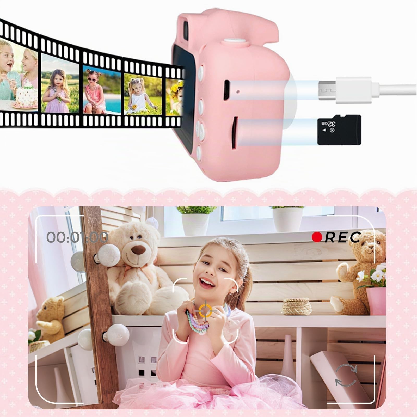 Mini Fotocamera Bambini Ricaricabile 1080P HD 2 Pollici – Macchina Fotografica Digitale 20MP con Doppio Obiettivo Selfie, Scheda SD 32GB e Custodia Silicone Antishock – Giocattolo Educativo, Regalo Id
