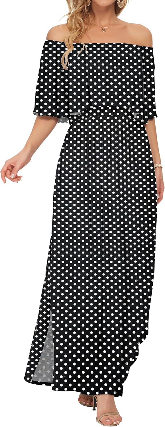 AUSELILY Womens Off The Shoulder Dress Summer Casual Long Ruffle Party Side Split Beach Maxi Dresses with Pockets - Image 3