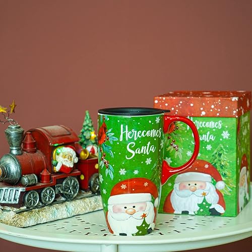 DUSVALLY Taza de cerámica taza de café de Navidad, tazas altas de porcelana con tapa y asa, caja de color, Papá Noel