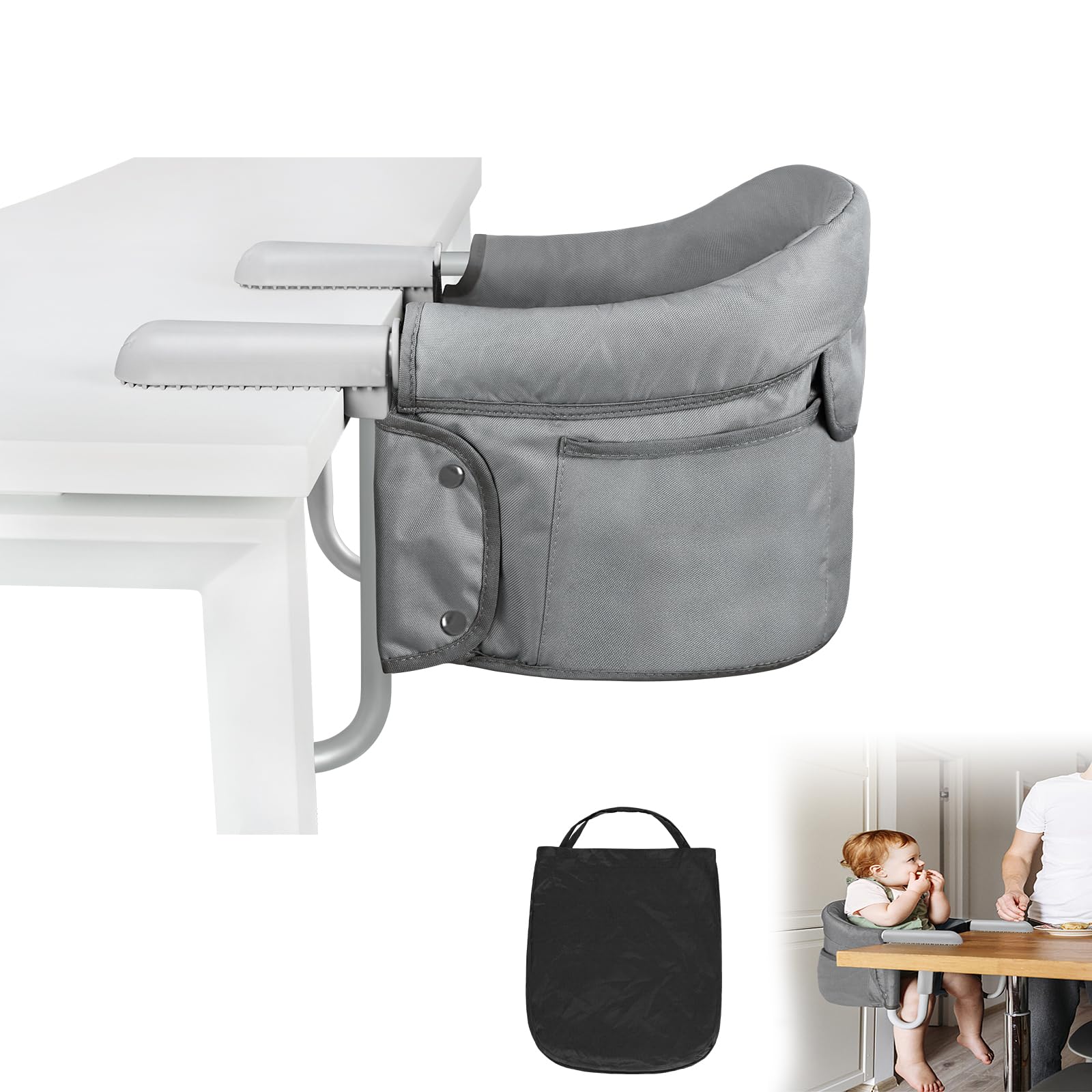 Seggiolino da tavolo per bambini, sedia da viaggio portatile, per la casa e in viaggio, con morsetti antiscivolo e borsa per la seduta, colore: grigio