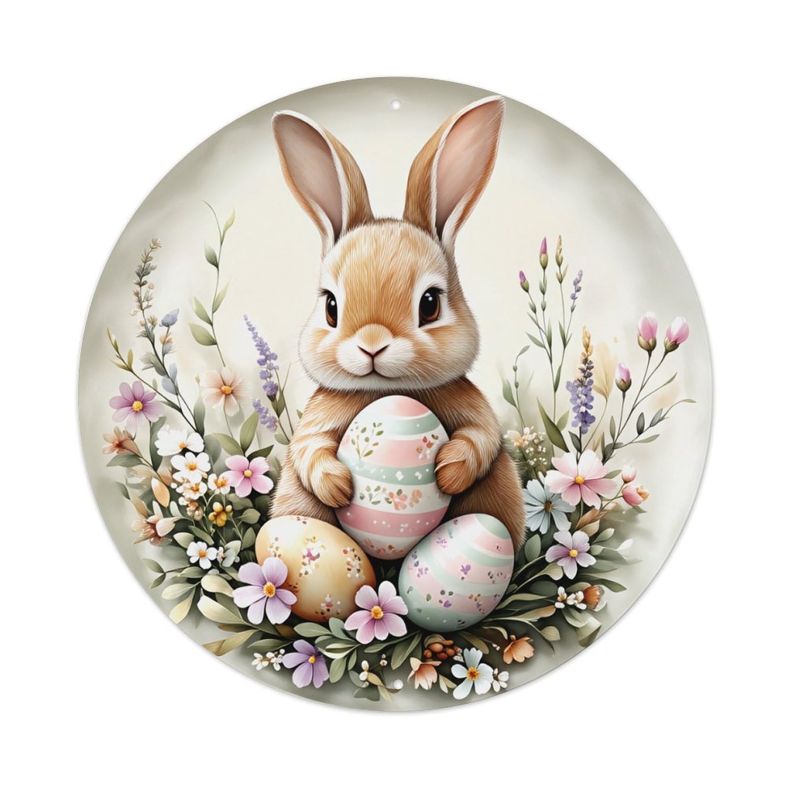 Easter Bunny Eggs Flowers Spring Round Tin Sign Vintage Metal Poster, Home Bar Garage Man Cave Cafe Indoor & Outdoor Wall Decoration 8x8Inches
