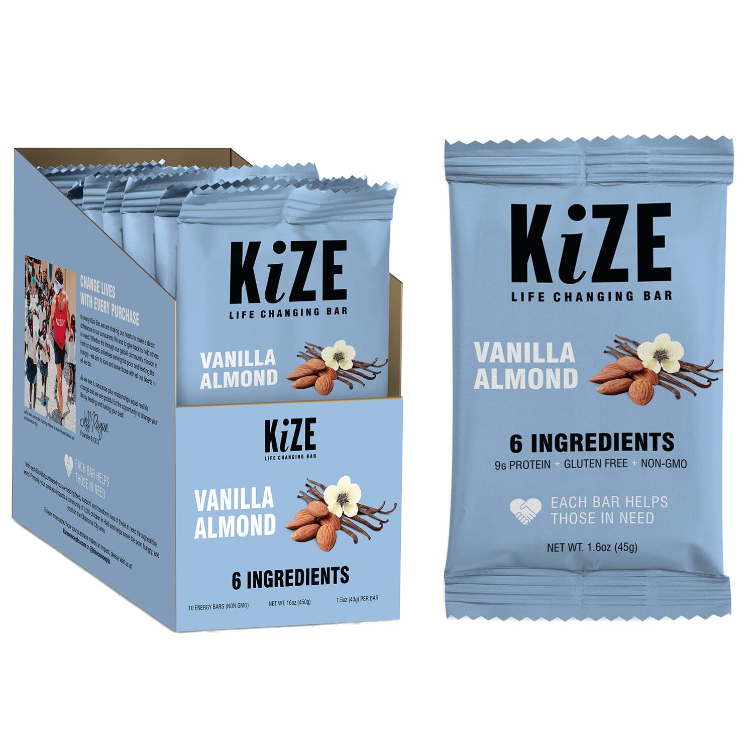KiZE Energy Bars - Vanilla Almond - Gluten Free, Non-GMO, and High Protein Meal Replacement Energy Bars, Clean and Simple Food Ingredients - 10g High Protein Snacks, (10 Count)