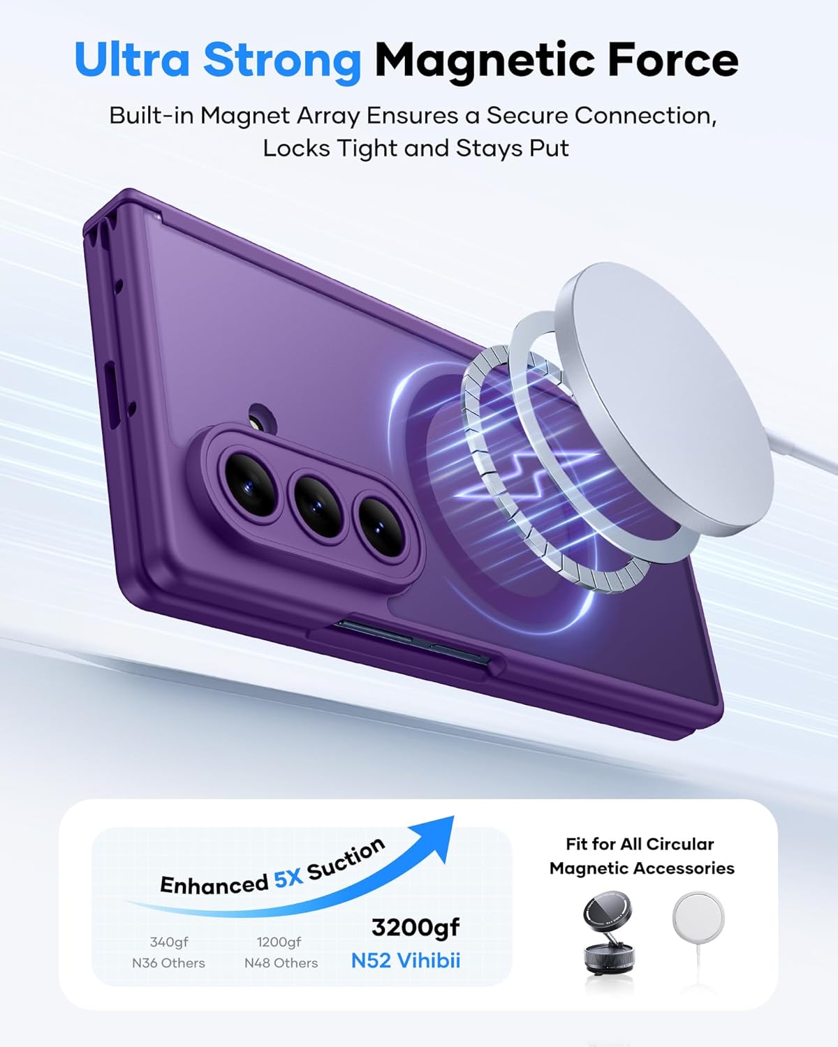Vihibii for Samsung Galaxy Z Fold 7 Case with Front Screen Protector, Full Lens Hinge Protection, Compatible with MagSafe, Military Grade Rugged Phone Cover Case for Galaxy Z Fold 7, Dark Purple