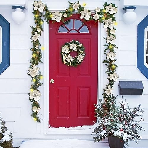 Miniatura 5 de Guirnalda iluminada de Navidad Hiistar - 8.8 pies, de ratán, flores artificiales y vid artificiales de Navidad, decoraciones de Navidad, guirnalda