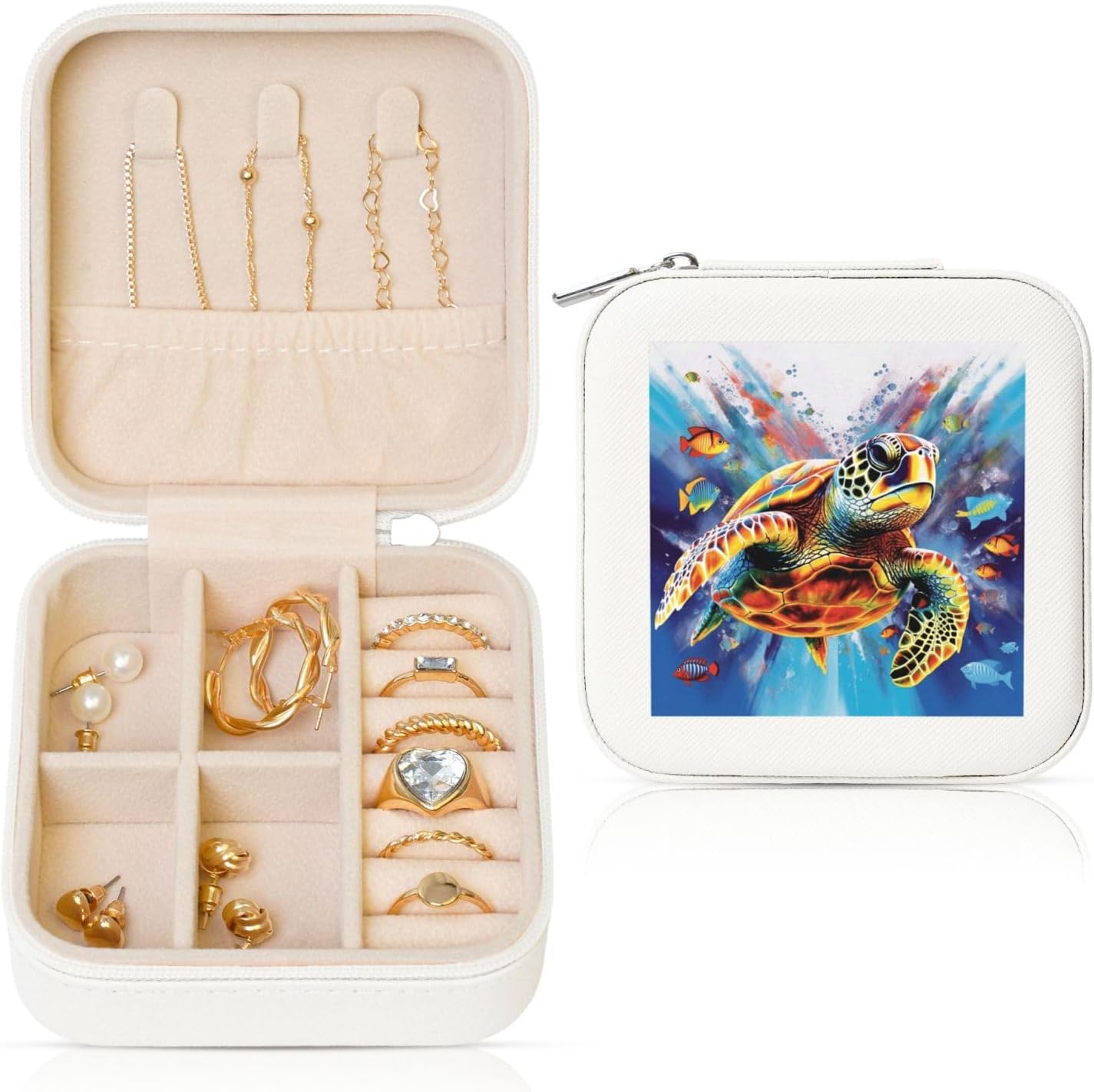 Jewelry Box for Women PU Leather Small Jewelry Organizer Box with Zipper Mini Travel Case Colorful Sea Turtle Display Storage Holder Boxes for Earrings Rings Necklaces Bracelets