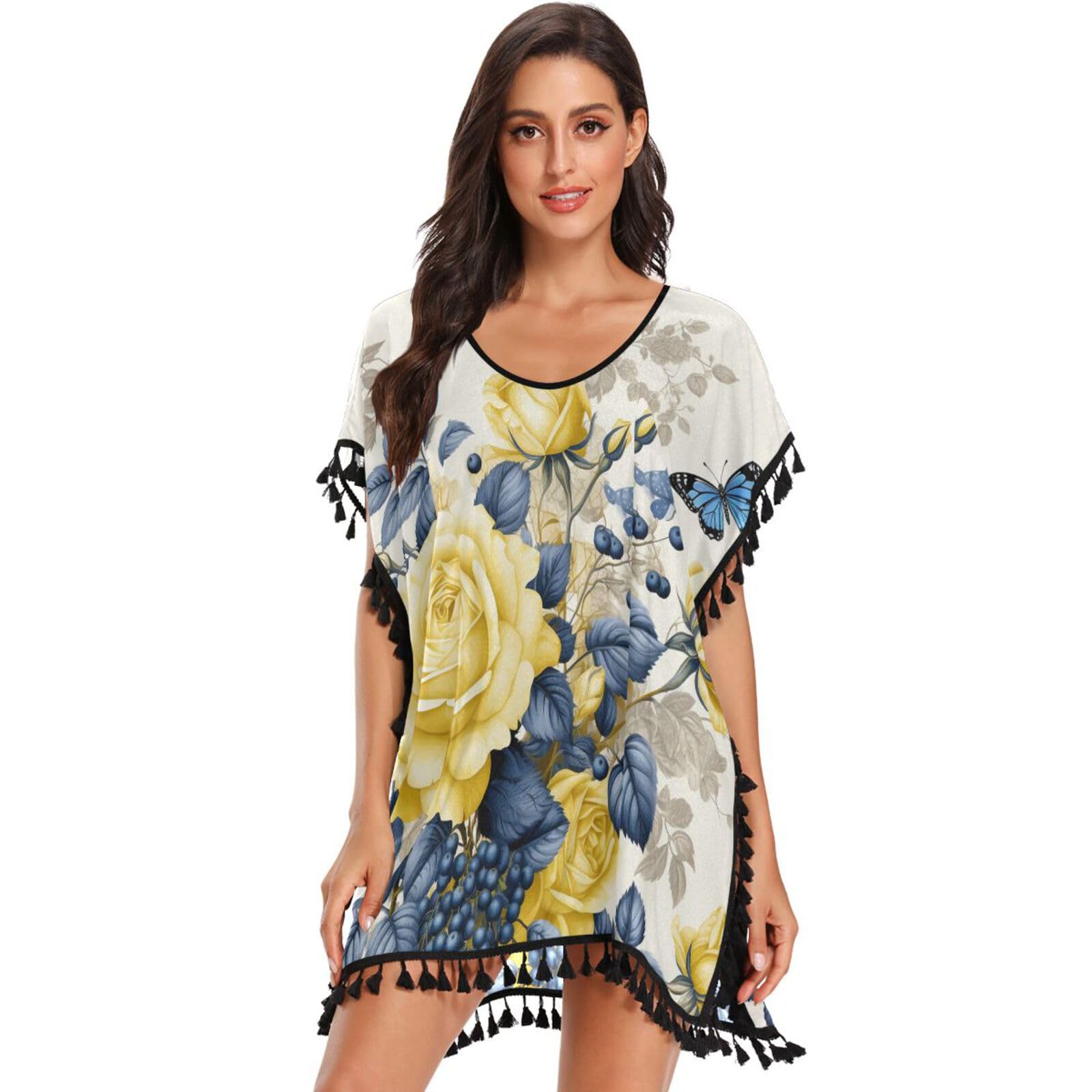 Yellow Roses Art Women's Beach Cover Up Chiffon Tassel Swimwear Swimsuit Coverups for Girl