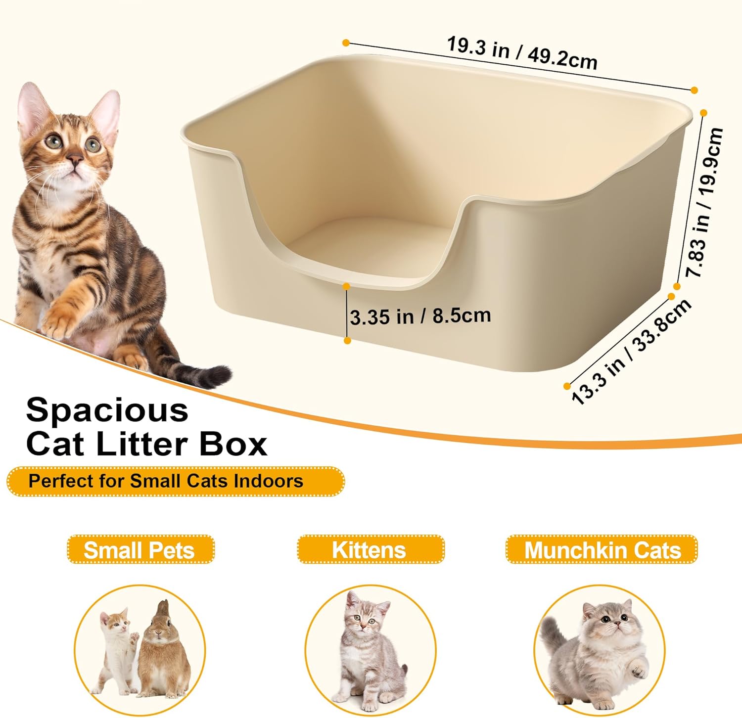 low entry cat litter box with high sides - open-top anti-splash, durable easy-clean pan for kittens, munchkin cats, senior medium-sized cats & small pets (rabbits), 19.3”x13.3”x7.8” beige