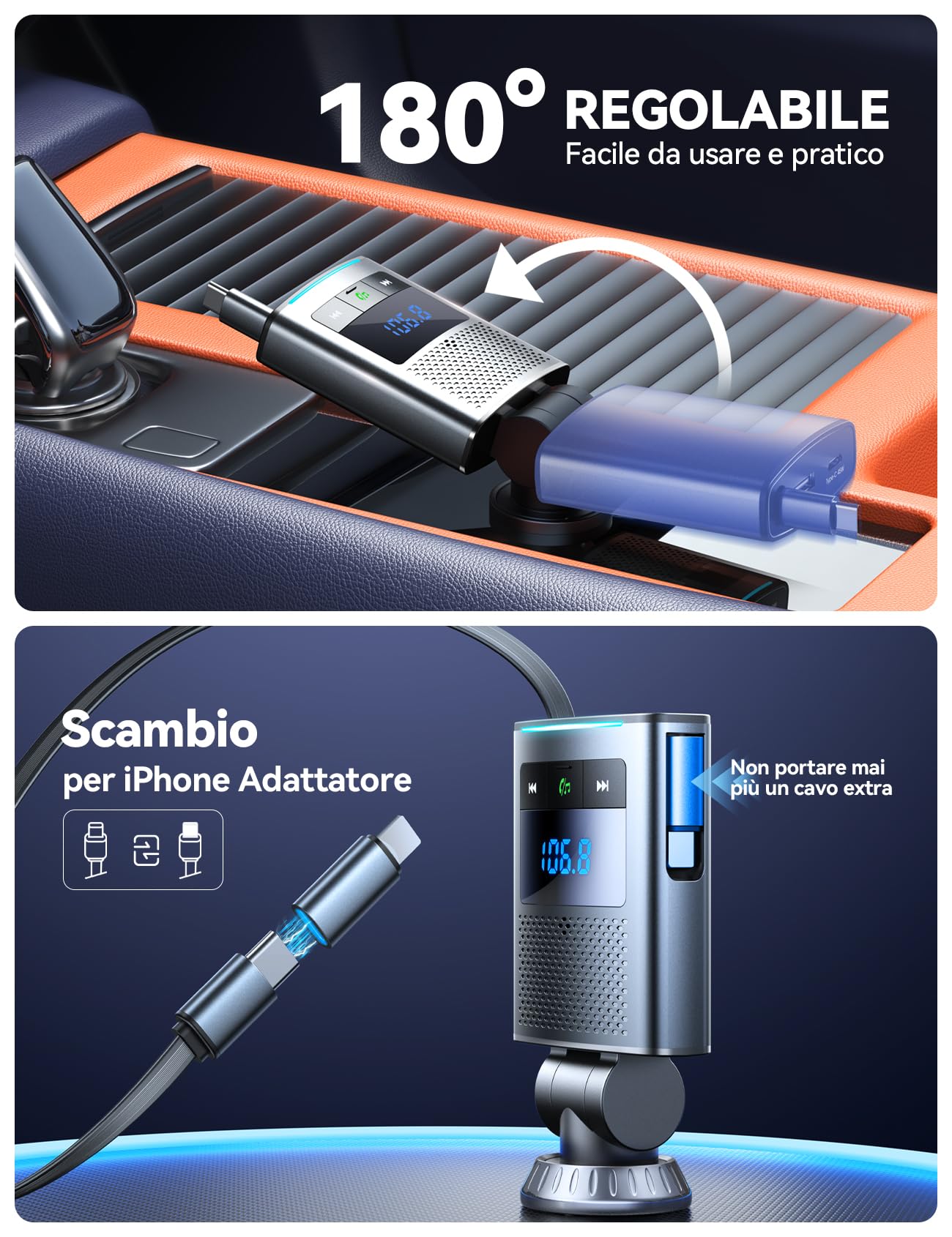 JOYROOM 90W Radio Bluetooth 5.4 Auto,【100CM Cavo Retrattile & Ricarica Rapida PD 45W】2026 Trasmettitore FM Bluetooth per Auto, 24V/12V Caricabatterie Auto con Chiamata Vivavoce per iPhone 17/Samsung