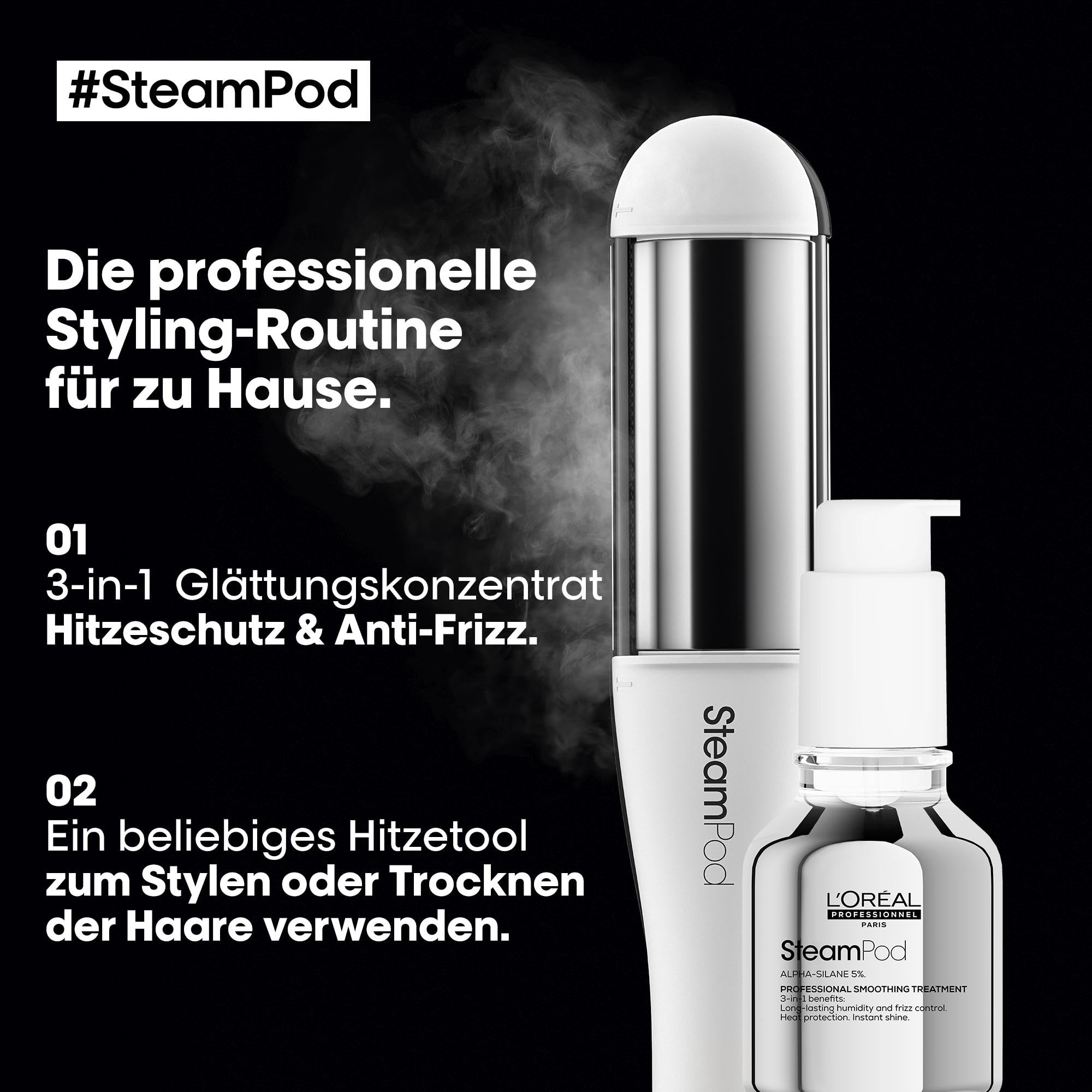 L'Oréal Professionnel SteamPod Glättungskonzentrat für alle Haartypen, Verwendbar mit allen Glätteisen, Schutz vor Hitze bis 230°C und hoher Luftfeuchtigkeit, Anti-Frizz, Schnelleres Styling, 50 ml