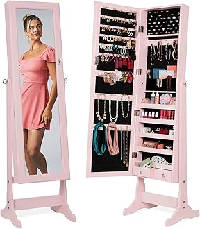 Best Choice Products Freestanding Jewelry Armoire Cabinet, Full Length Standing Mirror, Lockable Makeup Storage Organizer, w/Velvet Lining, 3 Angles, Lock, Accessory Pouch, 5 Shelves - Dusty Pink