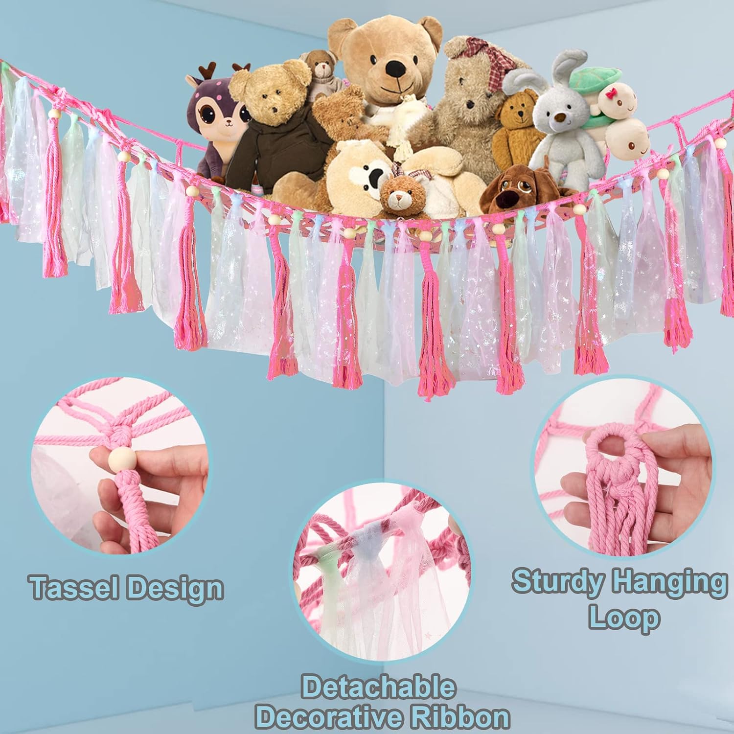 DINGET Stuffed Animal Net - Stuffed Animal Hammock with LED Light Stuffed Animals Storage Organizer Holder Room Dcor with Tassel & Hooks for Nursery Playroom Bedroom Kids Room