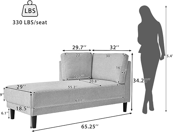 KEVINSPACE Modern Chaise Lounge Indoor with Fabric Chaise Lounges Chair Lounge Sofa Recliner Chair for Bedroom Office Living Room & Small Apartment SEAT Size 65.25Lx 32Wx 34.25 H inch Grey