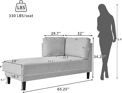 KEVINSPACE Modern Chaise Lounge Indoor with Fabric Chaise Lounges Chair Lounge Sofa Recliner Chair for Bedroom Office Living Room & Small Apartment SEAT Size 65.25Lx 32Wx 34.25 H inch Grey