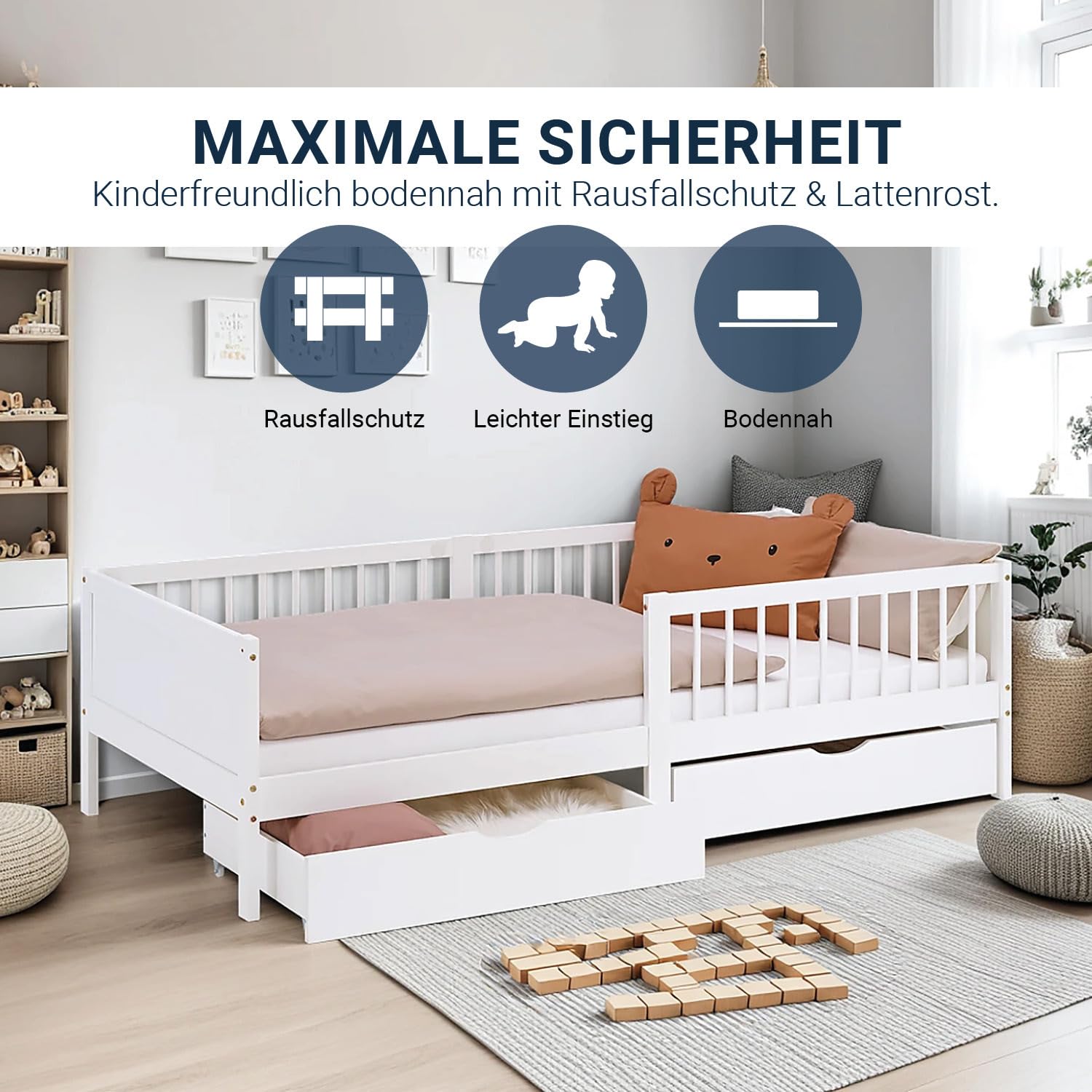 Homestyle4u Kinderbett 90x200 mit Matratze, Lattenrost & Schubladen, Weiß | Massivholz Bodenbett aus Kiefer mit Rausfallschutz, 2 Bettkästen für Stauraum und kindgerechter Rollmatratze Härtegrad 2