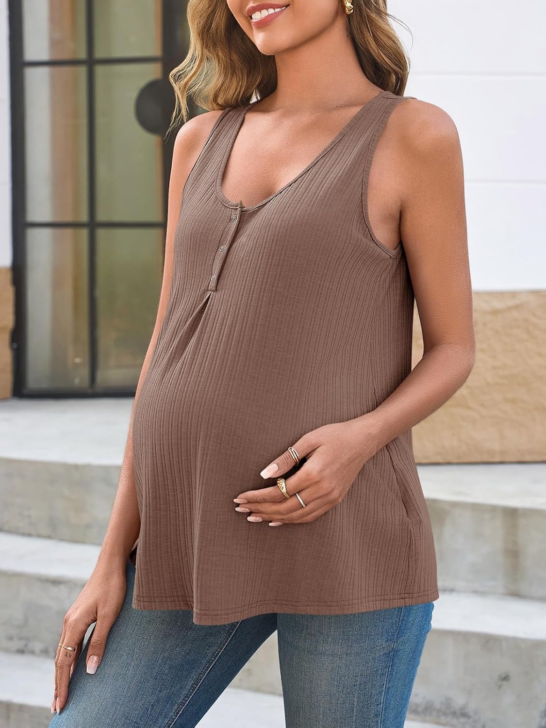 Tankaneo Womens Maternity Henley Tank Tops Summer Scoop Neck Ribbed Knit Sleeveless Shirts Casual Loose fit Pregnancy Clothes - Image 6