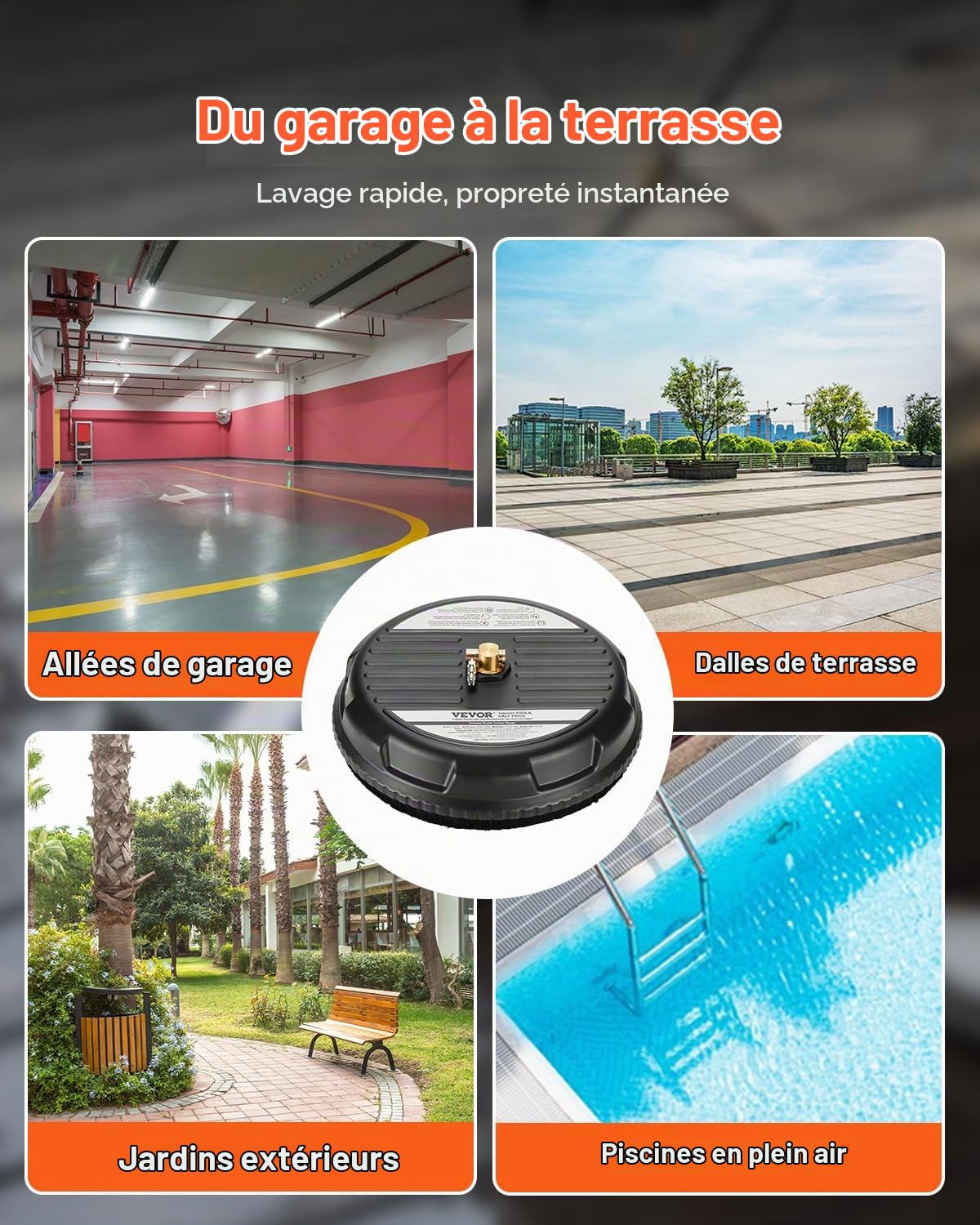 VEVOR Nettoyeur de Surface pour Nettoyeur Haute Pression 385 mm, Accessoire Nettoyeur Sol en Plastique sur Roues, 206 Bar Max. connecteur 0,635 cm 2 Buses de pulvérisation pour béton, Trottoir, Noir