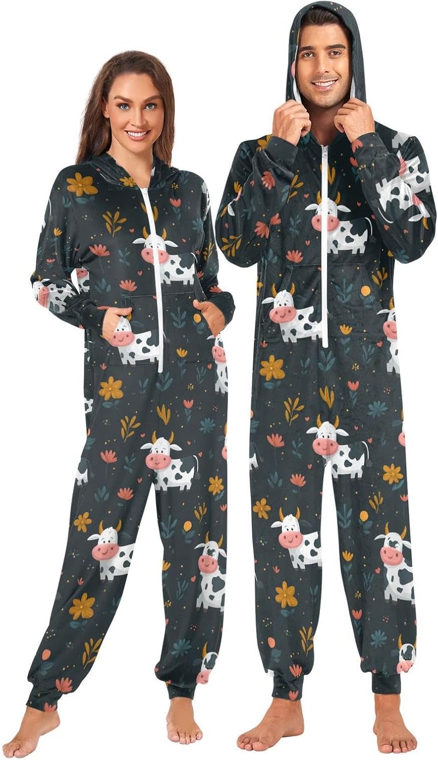 ZZKKO Cartoon Cows and Flowers Adult Onesie Pajamas for Women Men Cozy One Piece Pajamas Costume Zip-Up Hooded S-XL