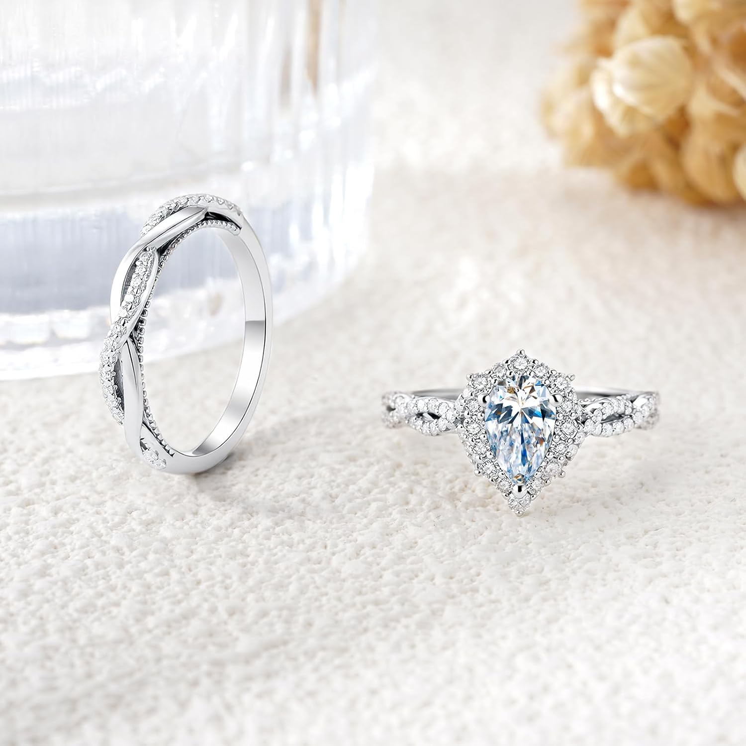 Pear-Shaped Halo Wedding Ring Set Sterling Silver Infinity Twist Bridal Sets,18K White Gold Platinum Plated 1-3/5 Carats Moissanite Teardrop Engagement Ring Set for Women Gift for Anniversary Birthday