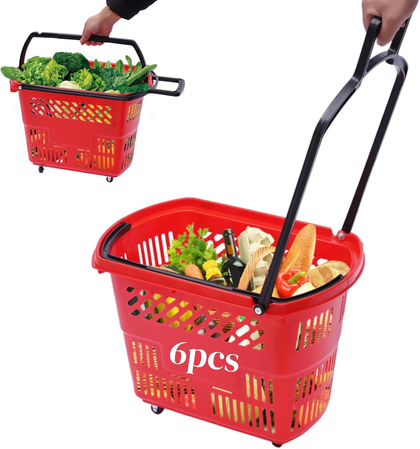 6PCS Shopping Carts, 35L Plastic Rolling Shopping Baskets Set, Portable Shopping Basket with Foldable Handles & Wheels for Retail Store and Supermarkets (Red)