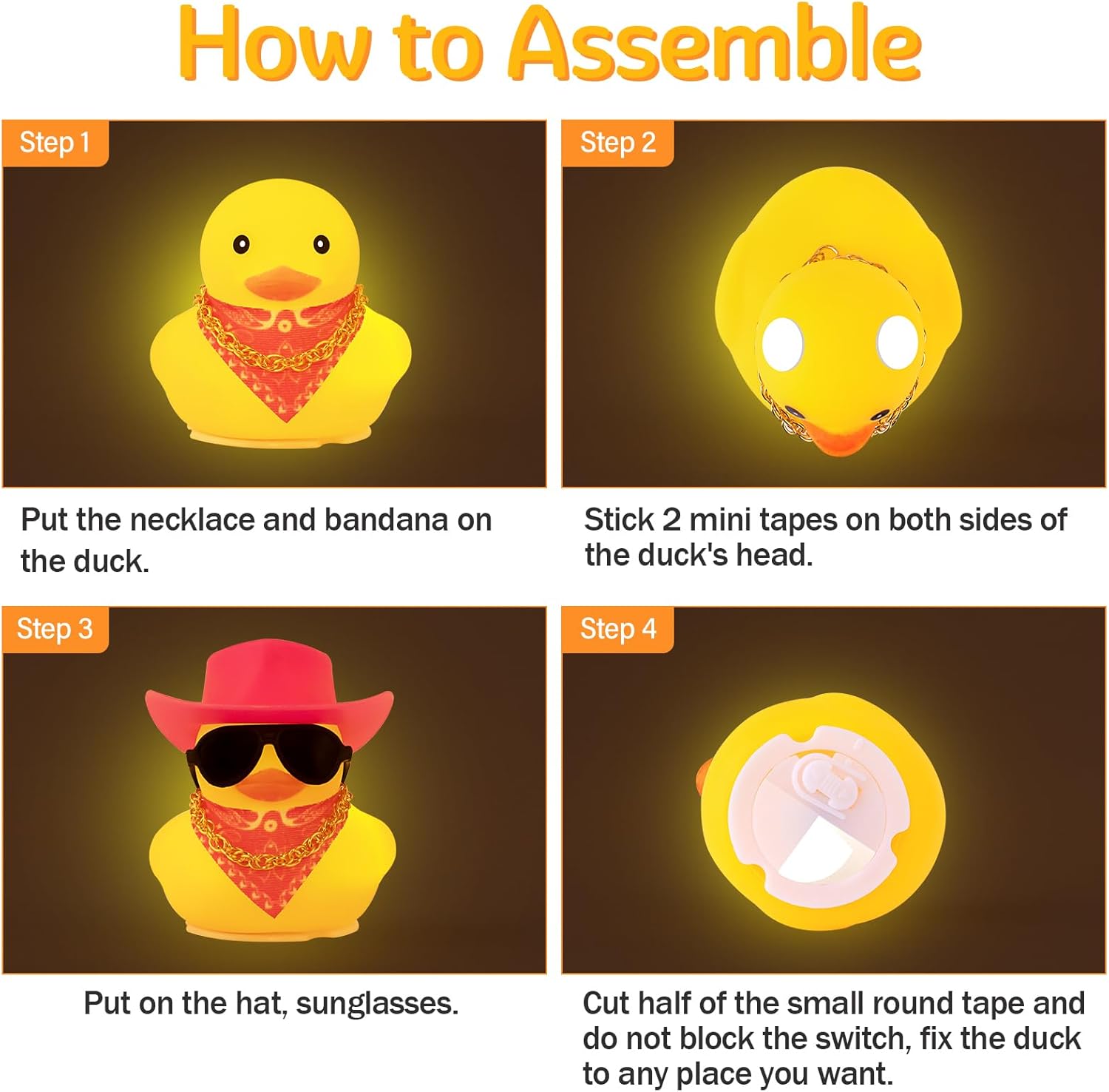 wonuu Rubber Duck with Light Glowing Rubber Ducks with Sunglasses Bandana Gold Chain Cowboy Hat, Pink