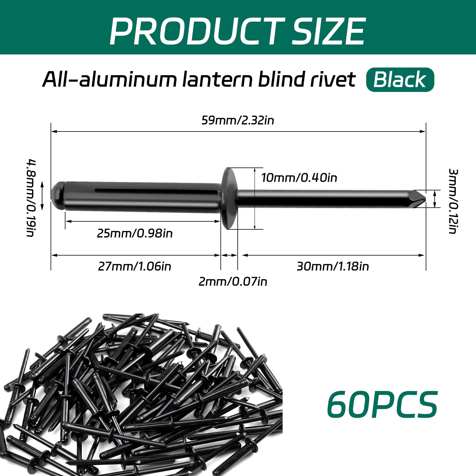 60 pezzi rivetti ciechi, set di rivetti ciechi in alluminio, rivetti neri, rivetti pop Tri Fold Exploding, set di rivetti per industria, costruzione, mobili, automobile