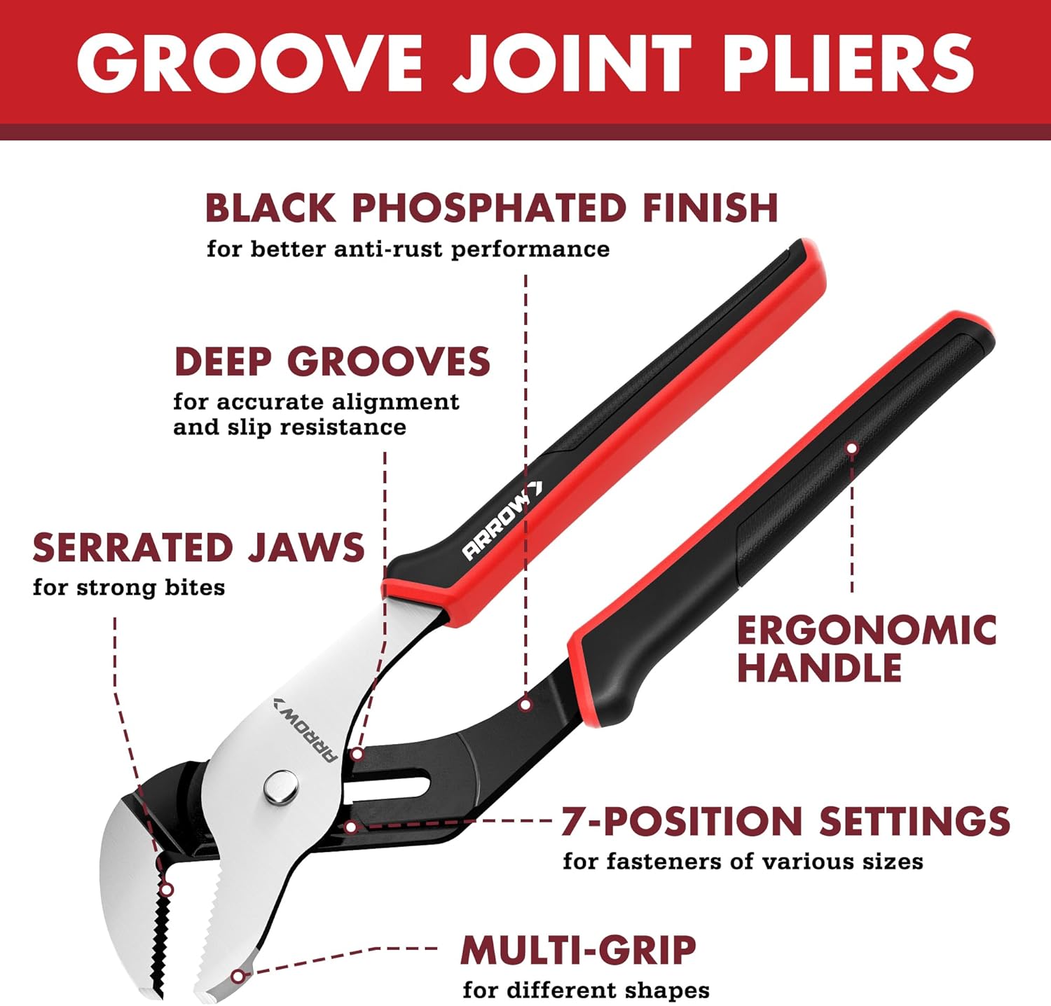 ARROW 12-Inch Groove Joint Pliers, Adjustable Water Pump Pliers with TPR Handle, High Carbon Steel Tongue and Groove Plier for Plumbing, Automotive and Household Repairs