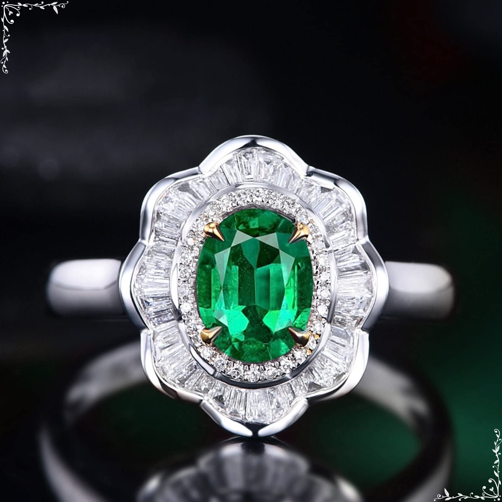 18K Oro Blanco 750 Anillo Pareja, 1.6 Quilates Esmeralda Anillos Mujer Finos Plata, Flor Anillos Compromiso Mujer Joyas de Boda Talla 6,75-25