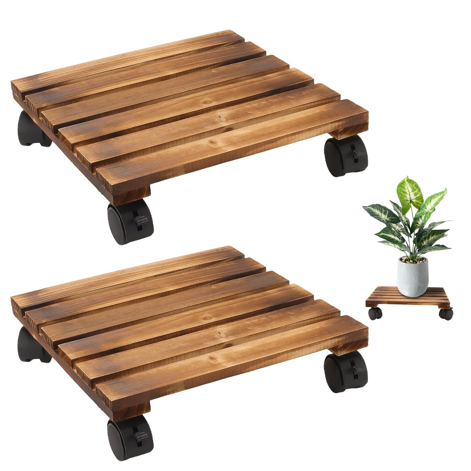 MOUYAT 2PCS Plant Caddy with Wheels, 30cm Square Plant Pot Trolley, Rolling Plant Stand for Indoor Outdoor Garden Use