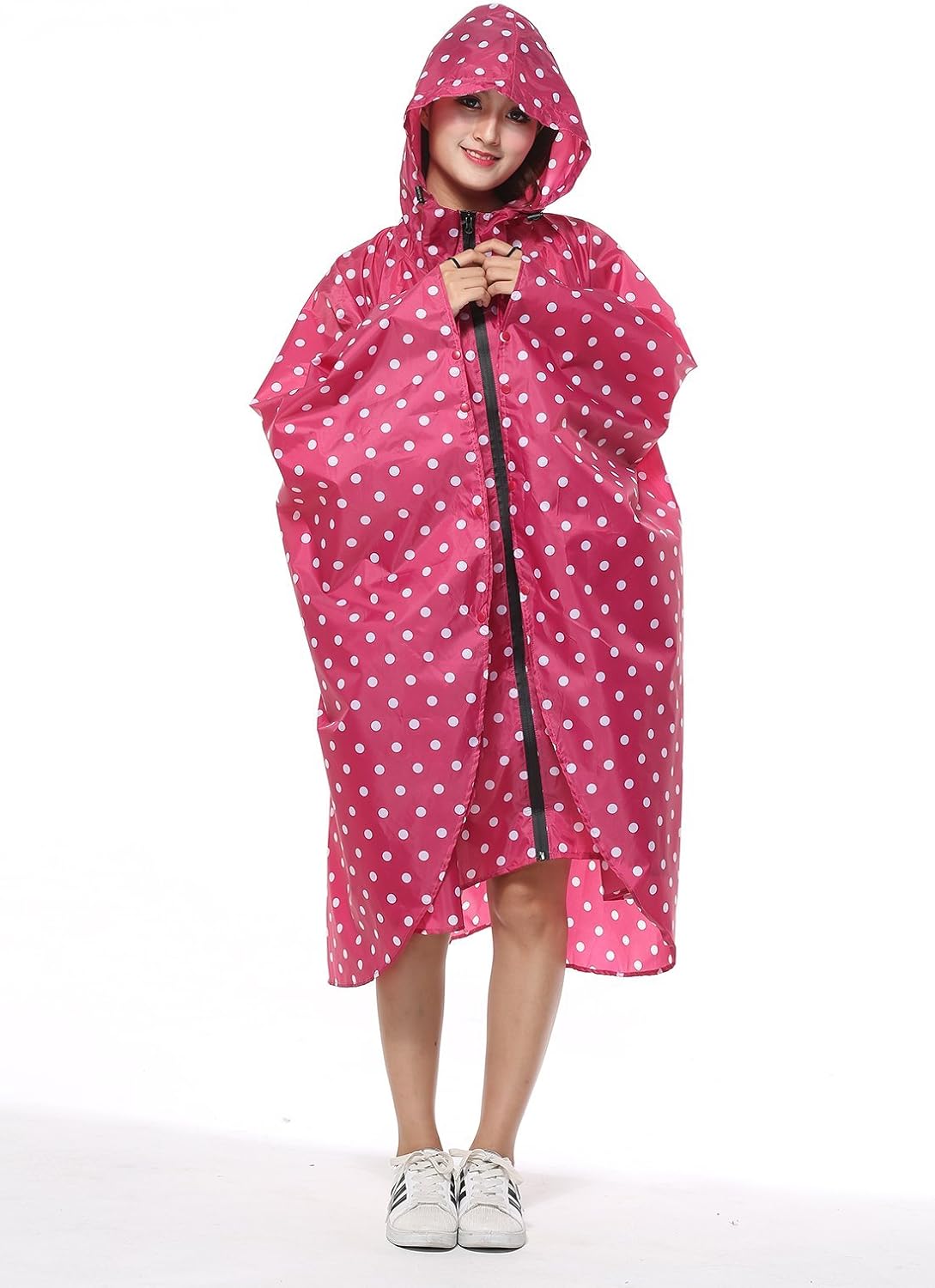 Womens Rain Poncho Stylish Polyester Waterproof Raincoat Free Size with Hood Zipper - Image 4