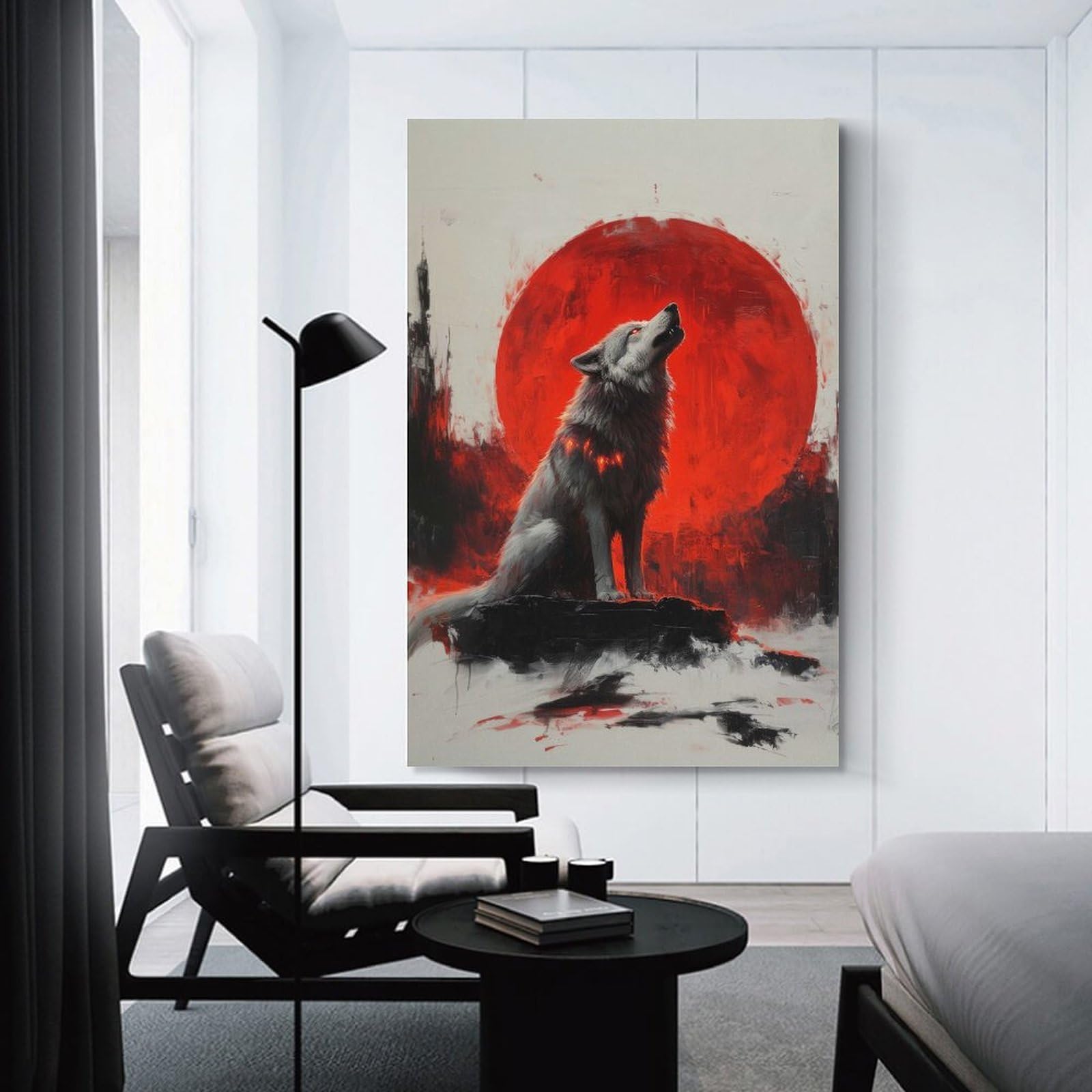 Junmoney Unframe-Style-4 Wolf Howling At Red Moon Home Decor Wall Art 24X36inch(60X90cm), For Bedroom, Guest Room Or Reading Nook, Decorative Wall Art For Cosy Rooms