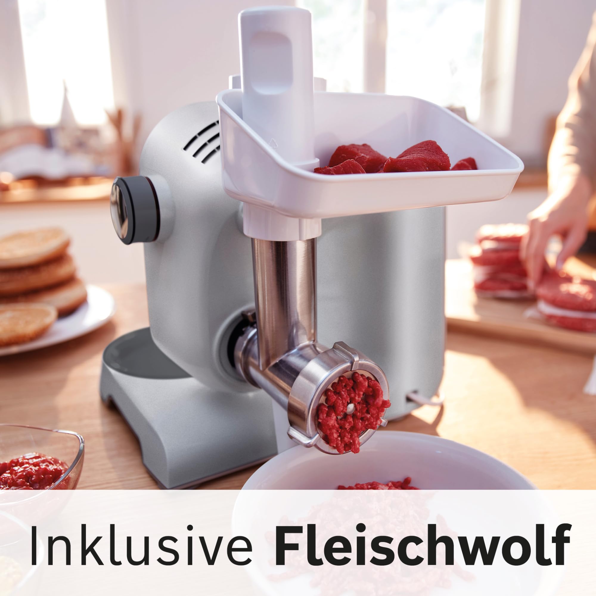 Bosch Küchenmaschine Serie 4, Schüssel 3,9 L spülmaschinenfest, Mixer 1,25 L, Fleischwolf, Zitruspresse, Knethaken, Rührbesen, Durchlaufschnitzler, 3 Scheiben, 900 W, Anthrazit/Silber, MUM56340