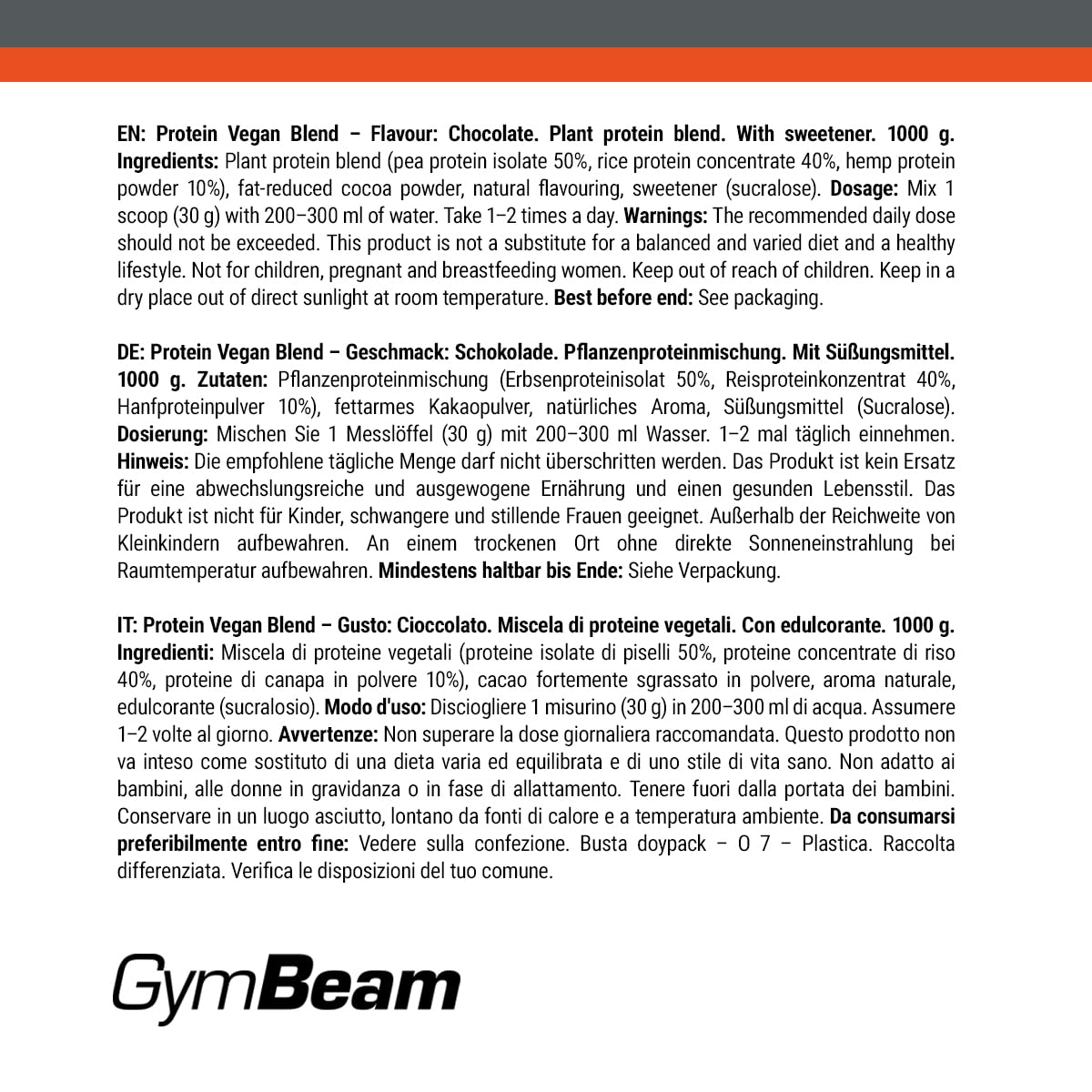 GymBeam Proteine Vegan Blend - Miscela di Proteine di Pisello, Riso e Canapa, Senza Glutine, Lattosio, Soia e OGM, Ideale per Vegetariani e Vegani, Basso Contenuto di Zuccheri (1000 g, Cioccolato)