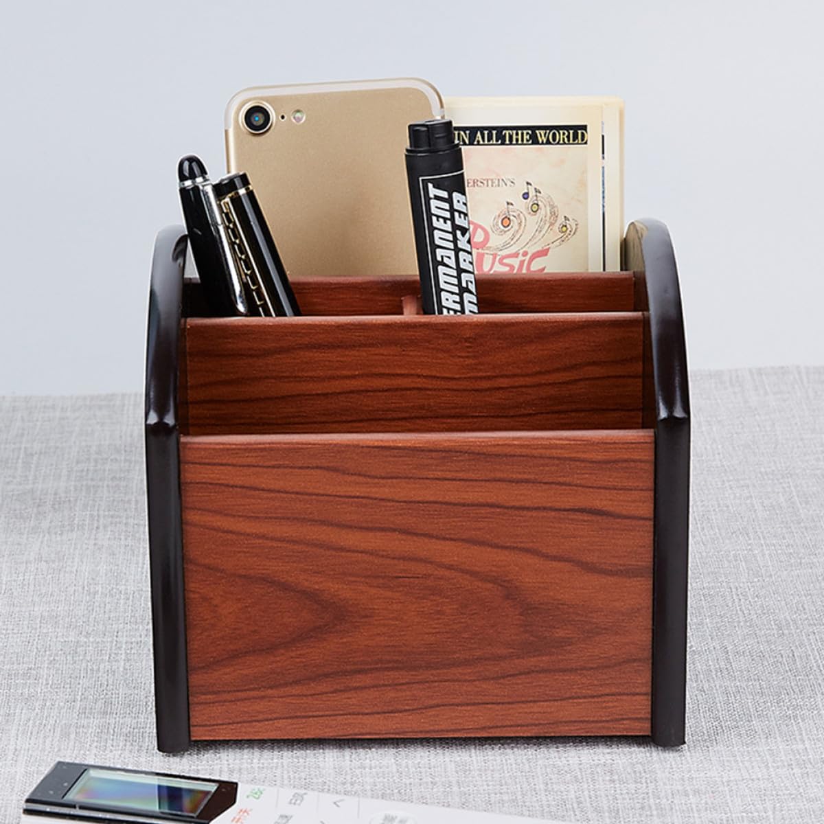 POPETPOP Caja Organizadora de Madera Natural para Bolígrafos y Control Remoto, Contenedor Multifunción de Escritorio Compartimentos, Organizador de Oficina para Material Escolar y