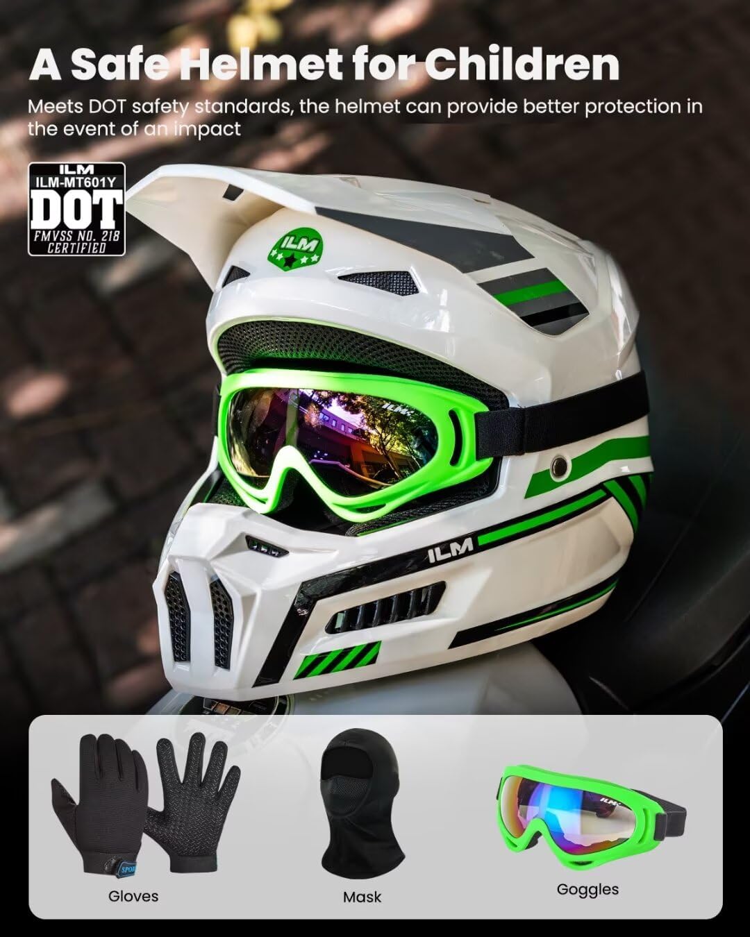 ILM Youth Dirt Bike Helmets Kids ATV Helmet Motorcross BMX Off Road Motorbike with Goggles Gloves Mask DOT Model MT601Y (Spacewalk Green, Youth-Medium)