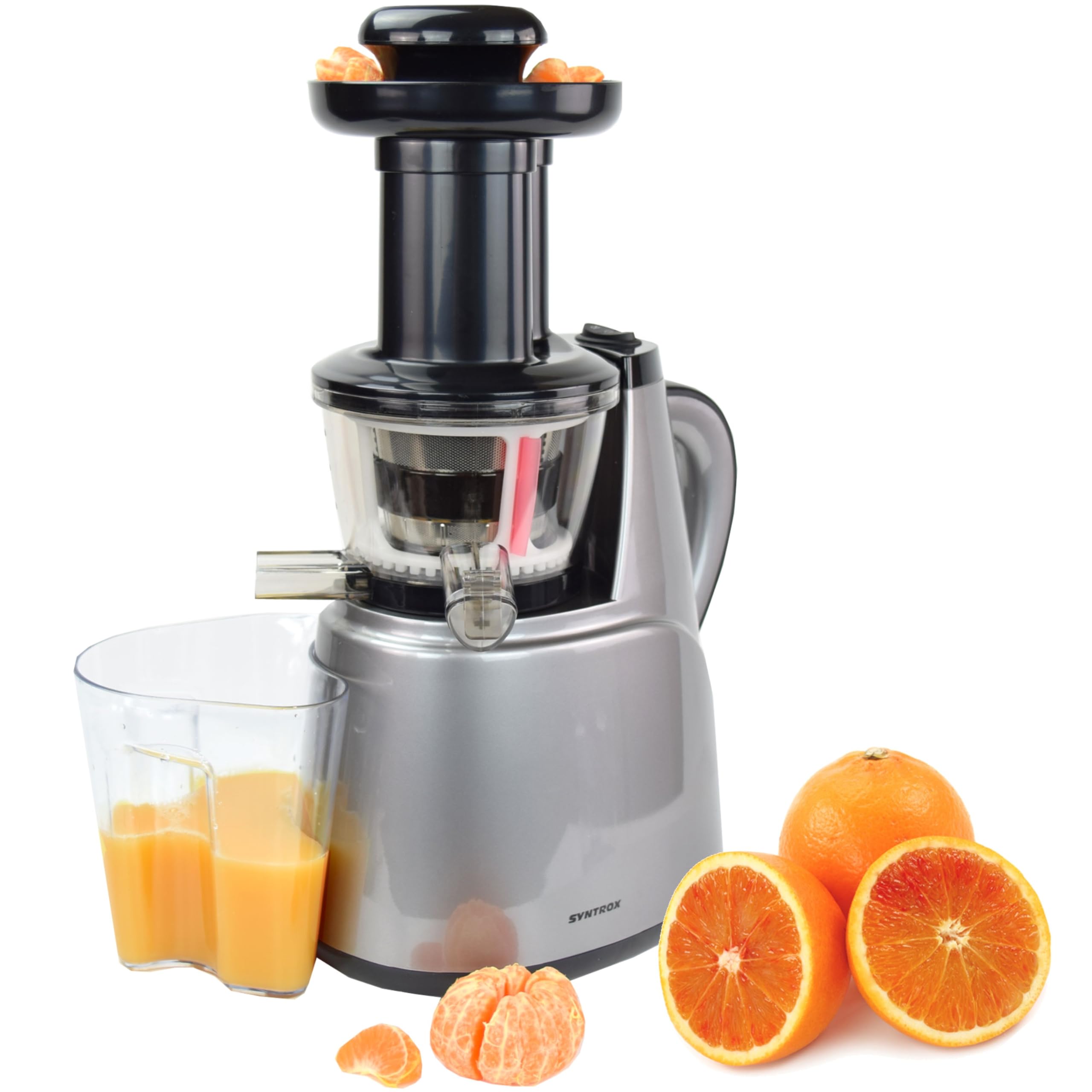 Syntrox Slow Juicer Quirzo | kleiner | kalt | langsam | Entsafter | Saftpresse, mit Aufsätzen, für Obst und Gemüse, 45 U/min, Küchengeräte, Schwarz-Silber