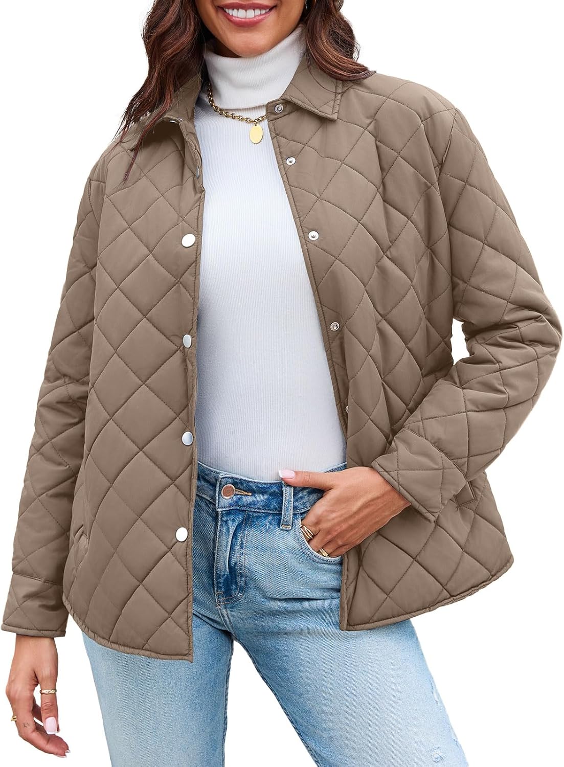 Grlasen Womens Lightweight Quilted Jacket Fall Button Down Puffer Jackets Loose Fit Stand Collar Warm Coats Outerwear - Image 6