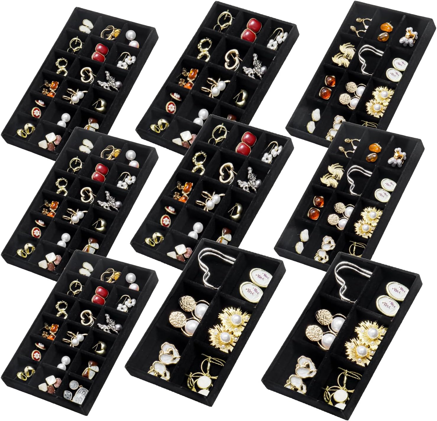 SPAKOWN Jewelry Organizer for Drawer Set of 9, Velvet Jewelry Tray Stackable Jewelry Organizer Display Trays Divided Earring Storage Containers (Black)