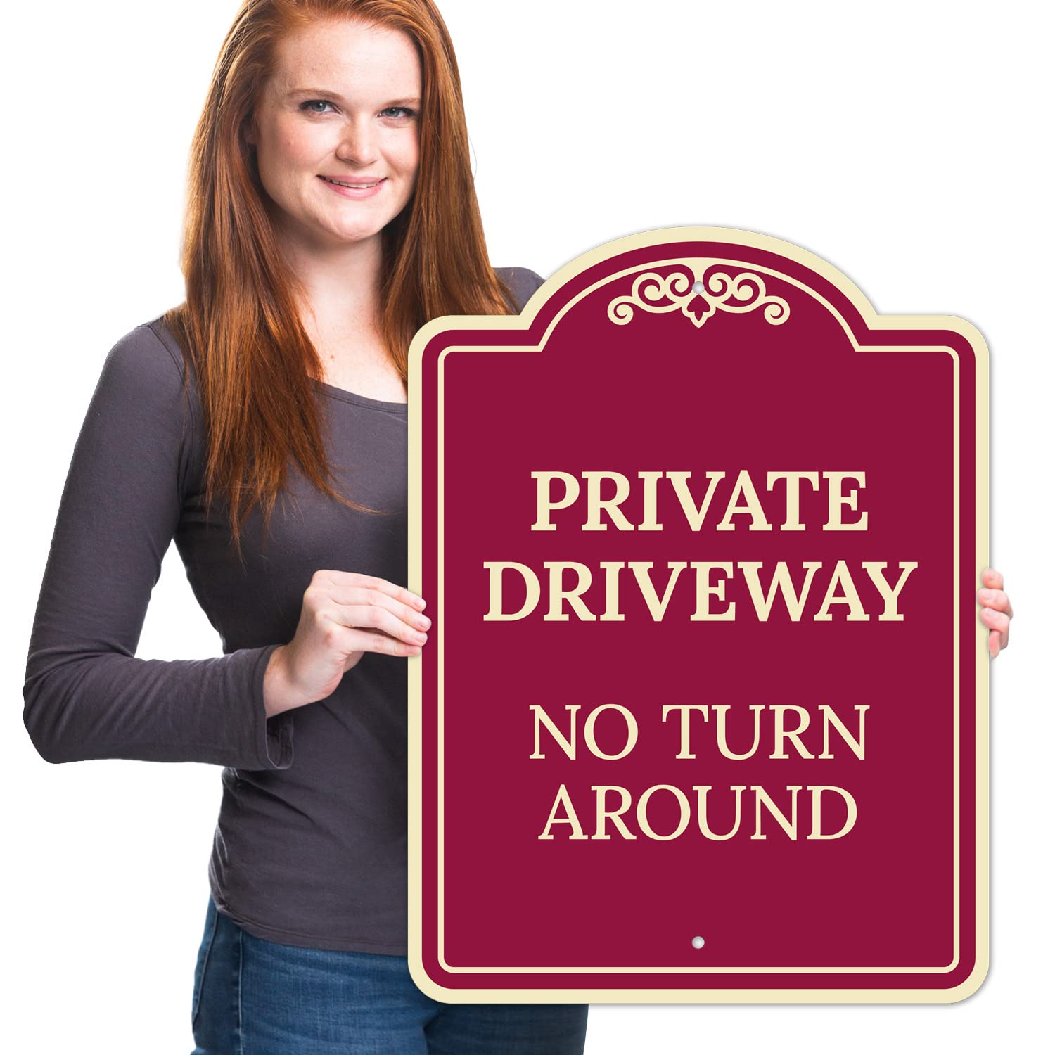 Private Driveway No Turn Around Décor Sign, (SI-73330) Burgundy Dark, 18x24 Inches, Rust Free .040 Aluminum, Fade Resistant, Made in USA by Sigo Signs